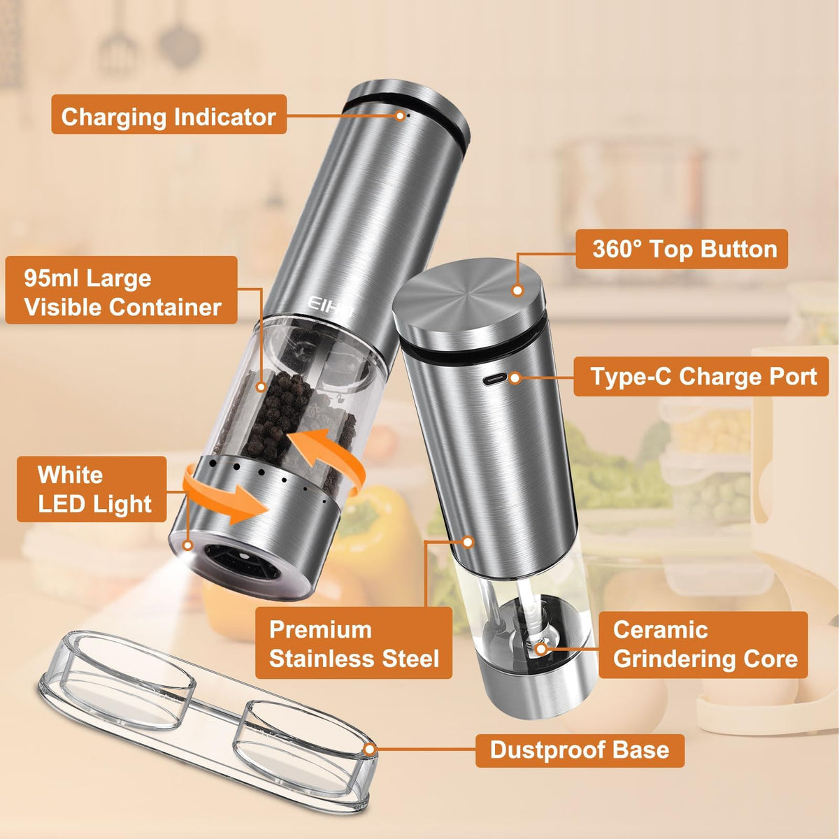 Electric Salt and Pepper Grinder Set Rechargeable Automatic - EIHO Official Imagery - 5
