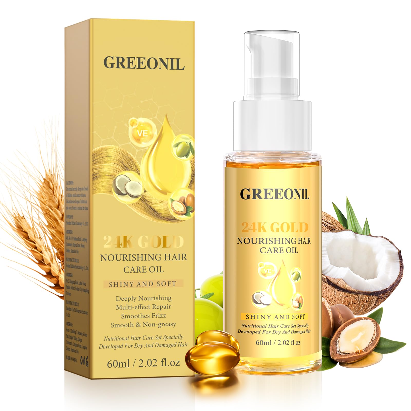 GREEONIL 24K Gold Argan, Coconut, and Olive Oil Serum for Frizz Control, Shine, - GREEONIL Official Product View 2