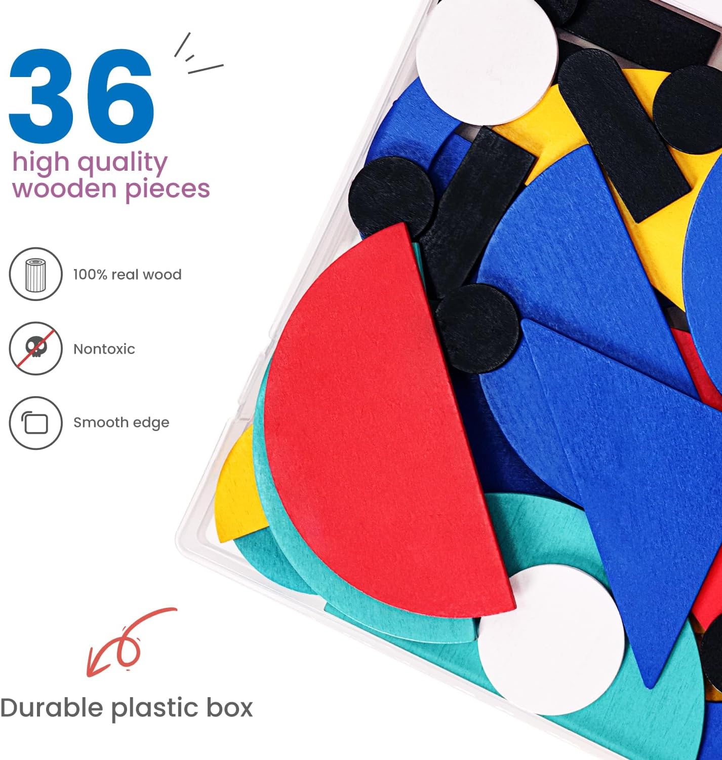 LiKee open-ended wooden shape puzzles with 36 blocks and 60 cards for toddlers, featuring colorful geometric shapes for early learning.