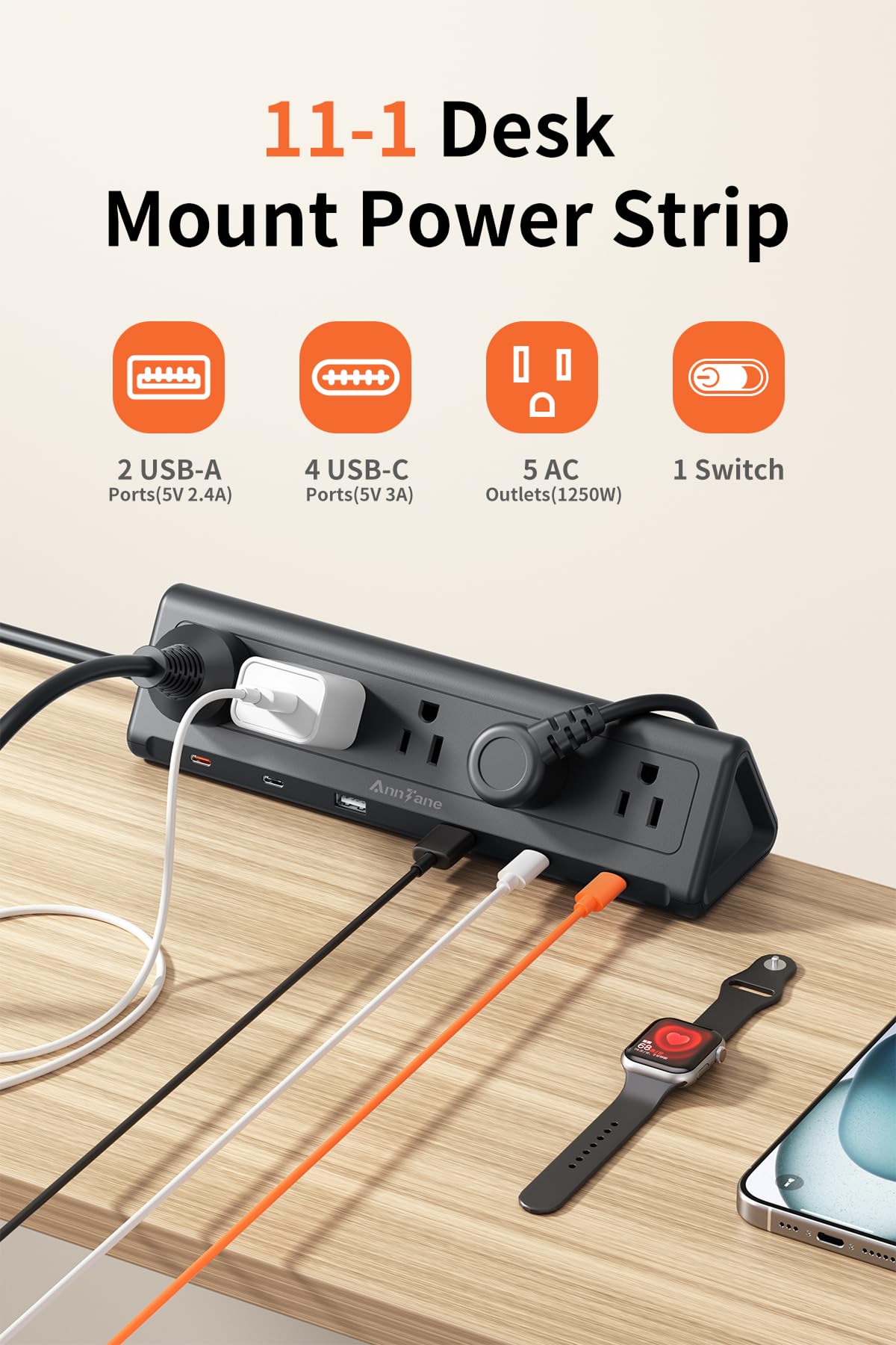 Desk Clamp Power Strip USBC 40W Fast Charging 10 Ft Black - AnnTane Official Imagery - 2