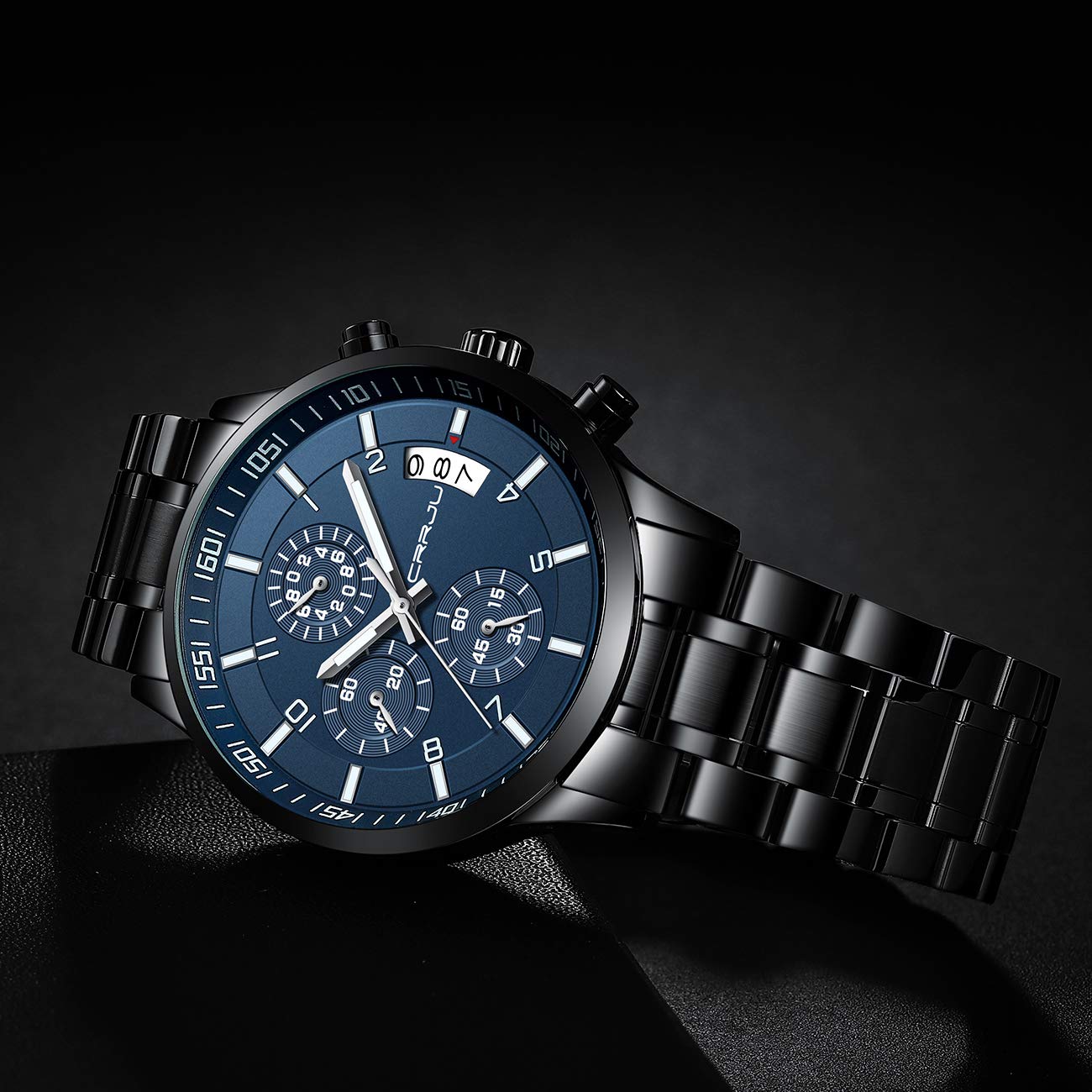CRRJU Men's Chronograph Watch – Black Steel 3ATM