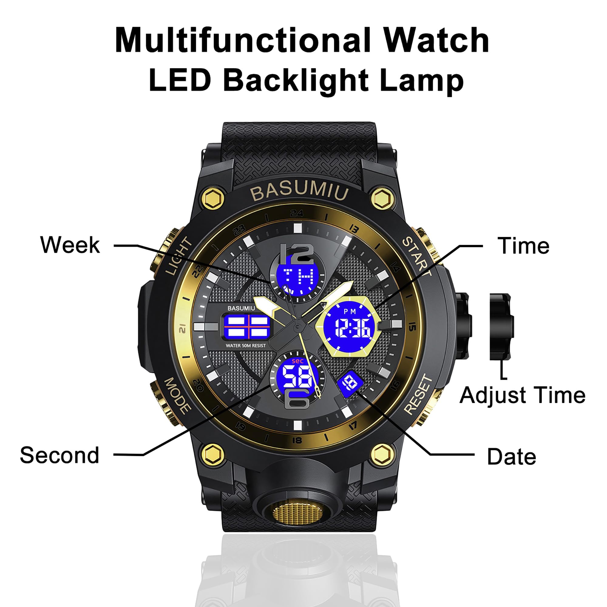 BASUMIU Men's Tactical Sports Watch – Dual Display, Waterproof