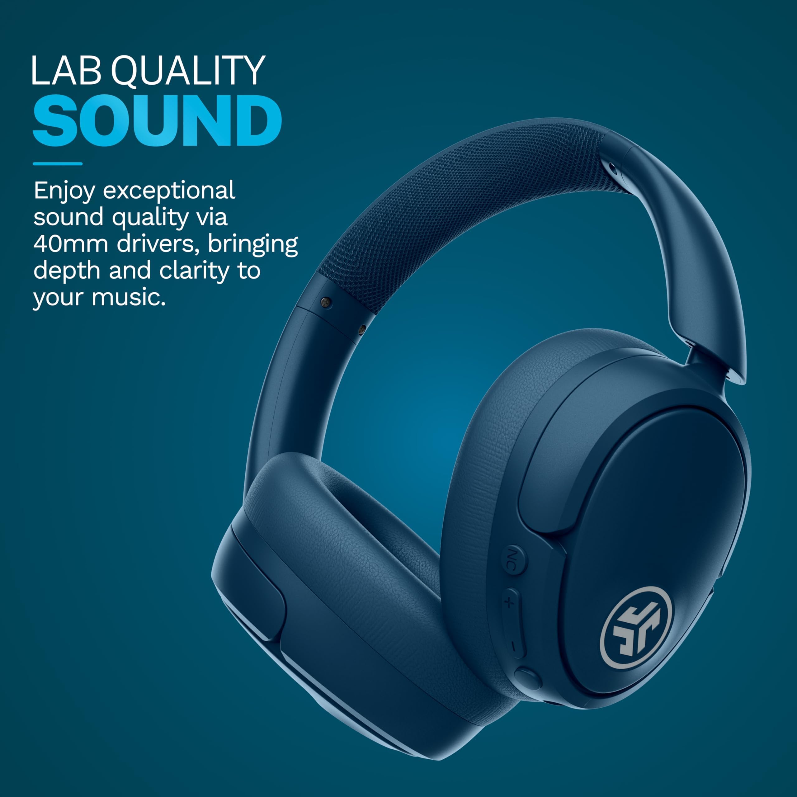 JLab JBuds Lux ANC over-ear headphones in navy with active noise cancelling and Bluetooth connectivity.