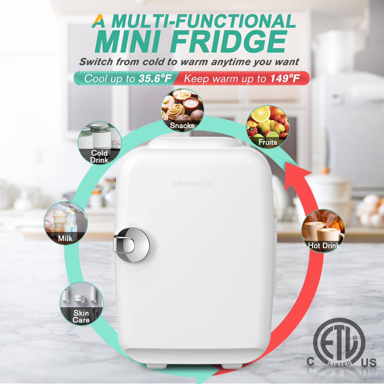 CROWNFUL Mini Fridge, 4 Liter/6 Can Portable Cooler and Warmer - CROWNFUL