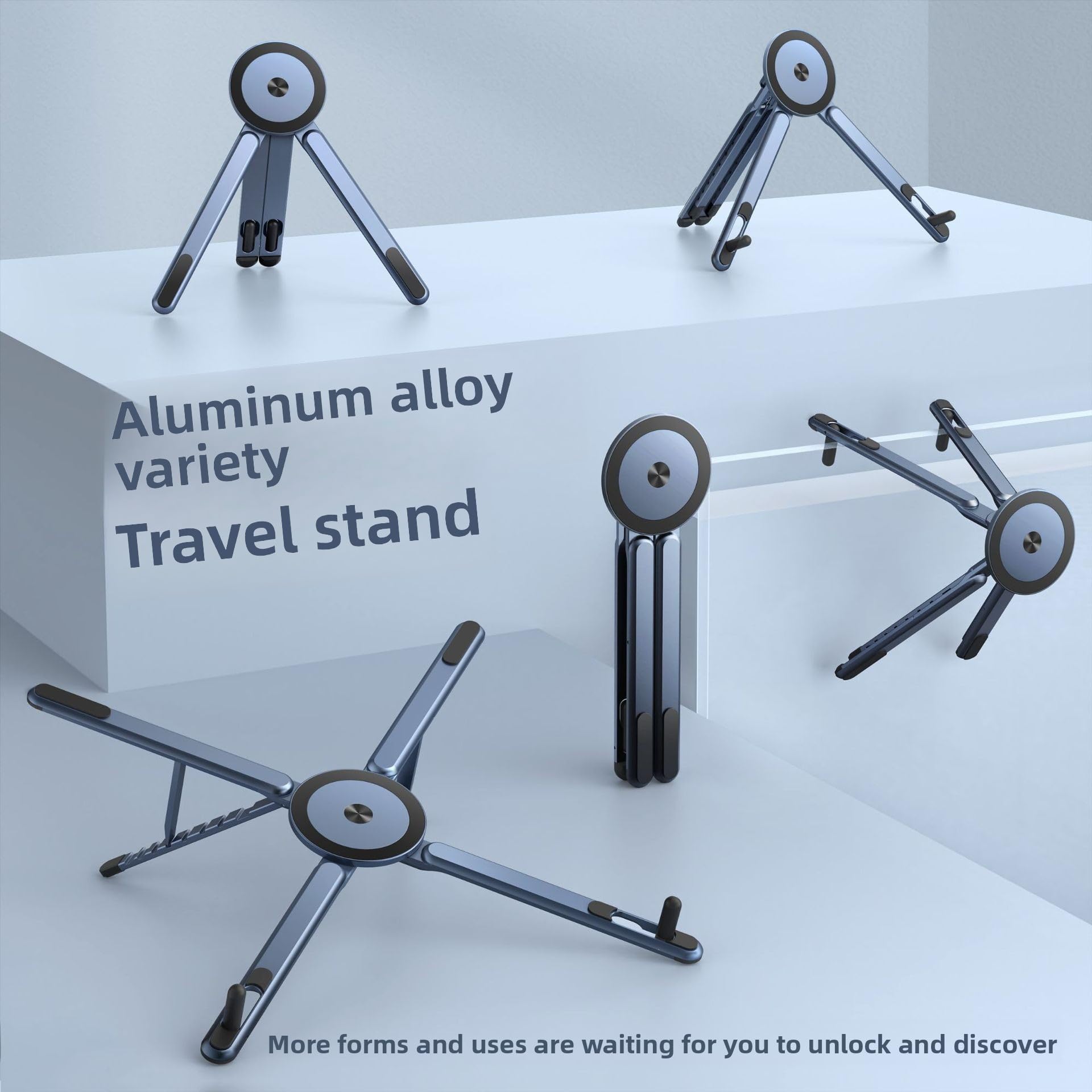 MaTekoty portable gray aluminum laptop stand with adjustable height, foldable design, magnetic phone holder, for desks and tablets.