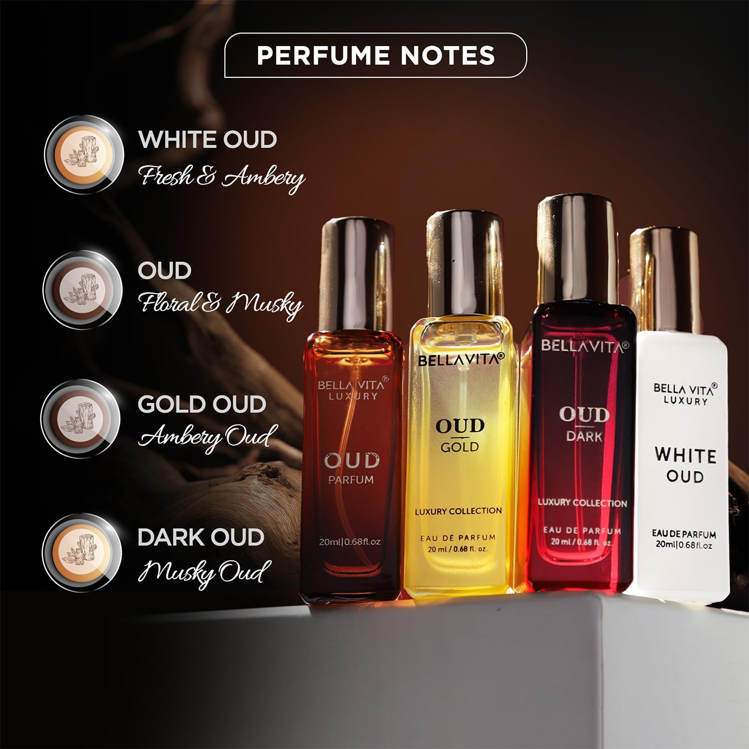 BellaVita Luxury OUD Experience Gift Set with four 20ml premium Arabic unisex perfumes, elegant packaging and diverse fragrances.