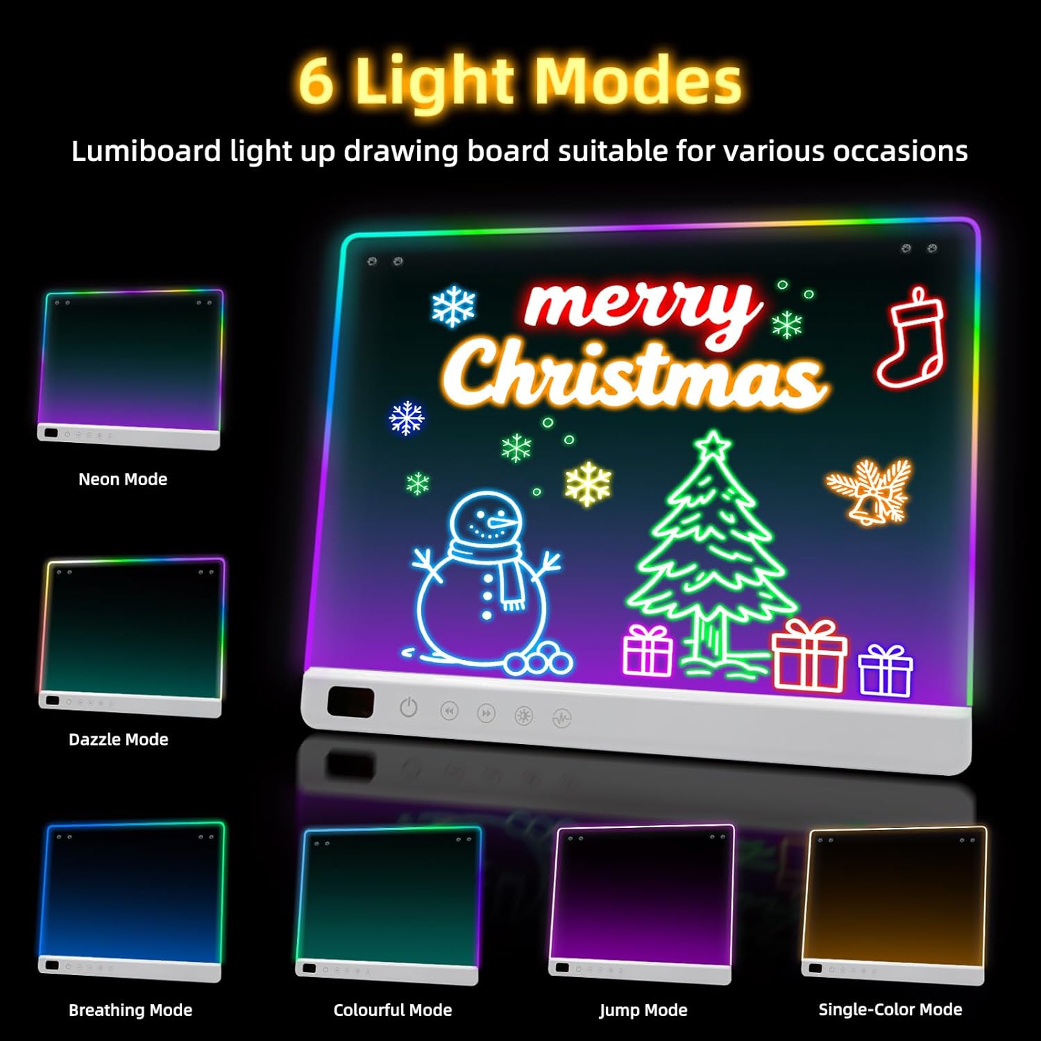 Lumiboard 16-inch LED drawing board with 13 light effects, rechargeable glow doodle note board for creative sketches and notes.