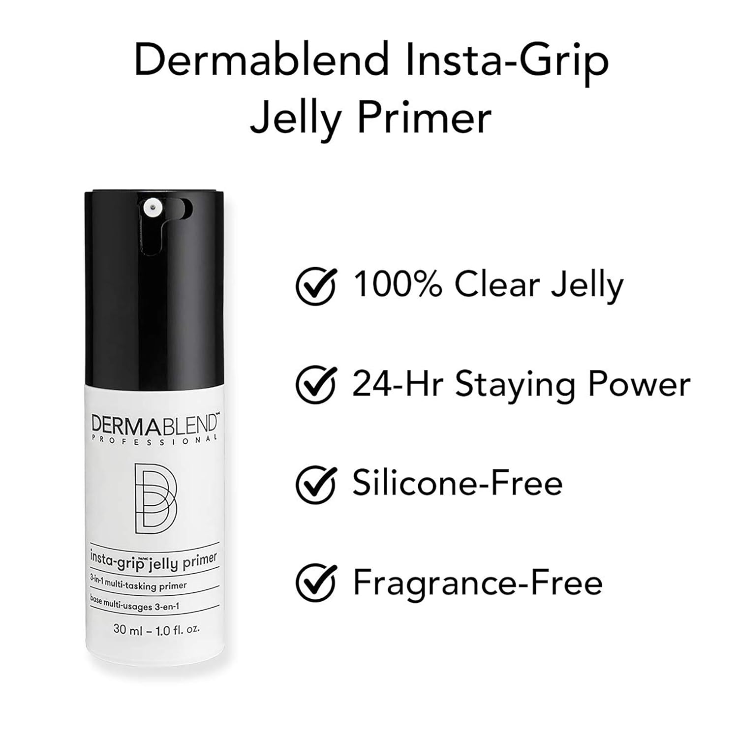 Dermablend Insta-Grip Jelly Primer for face, silicone-free makeup primer with a smooth, gel-like texture and clear packaging.