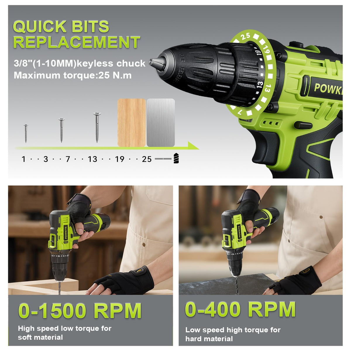 12V Cordless Drill Tool Set 25 1 Torque Setting Tool Kit Box - POWKITS Official Imagery - 7
