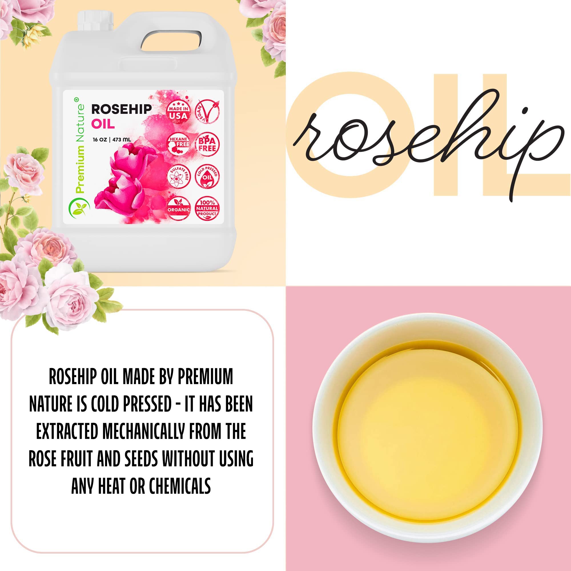 Premium Nature Rosehip Oil For Face , Rosehip Seed Pure Cold Pressed Unrefined - Premium Nature Official Product View 4