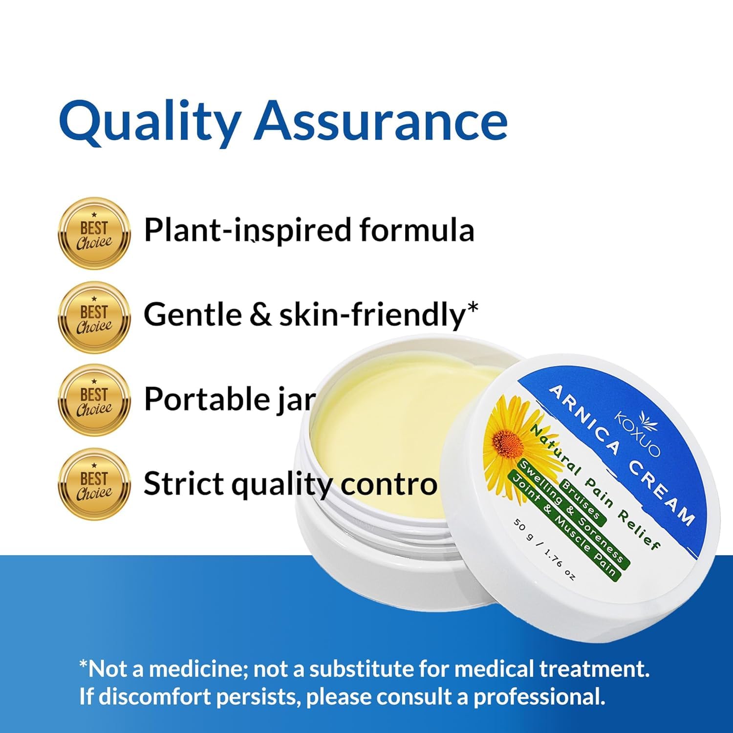 KOXUO Arnica Cream botanical body moisturizer in 50g jar, smooth cream for soothing skin care.