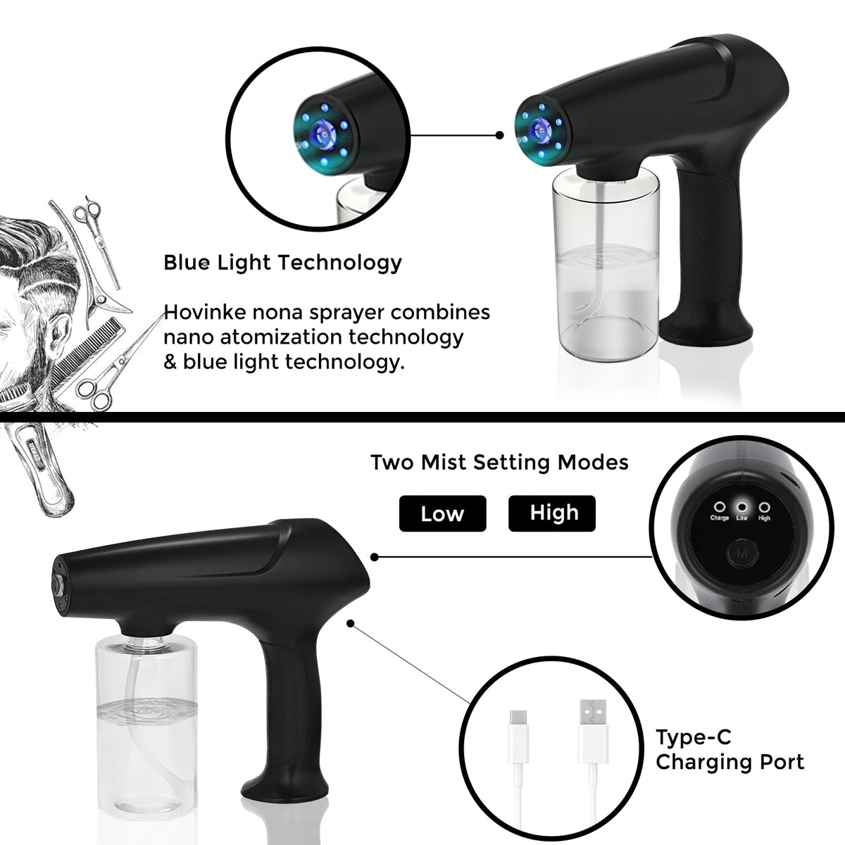 Barber Spray Bottle with Blue Light Rechargeable - Hovinke Official Imagery - 6