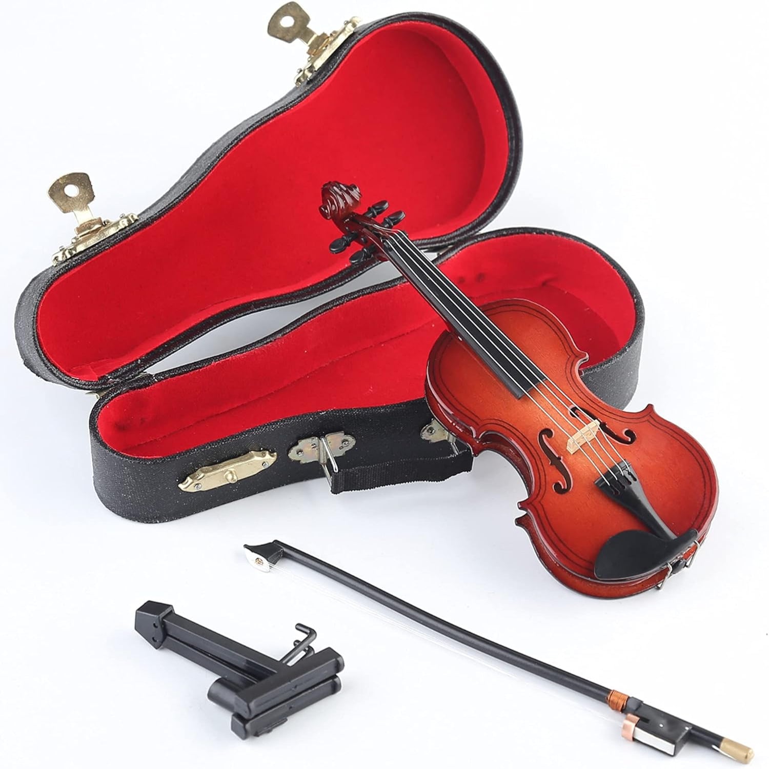 Miniature Dselvgvu violin with stand, bow, and case, measuring 6.31"x2.24"x0.98" for decorative or collectible use.