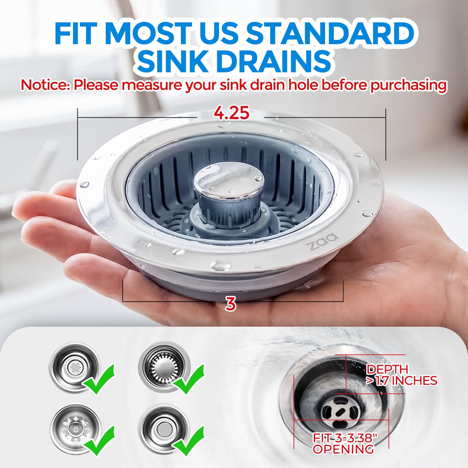 zaa 3 in 1 Kitchen Sink Drain Strainer Stopper Removable Basket P by zaa - Angle View 7
