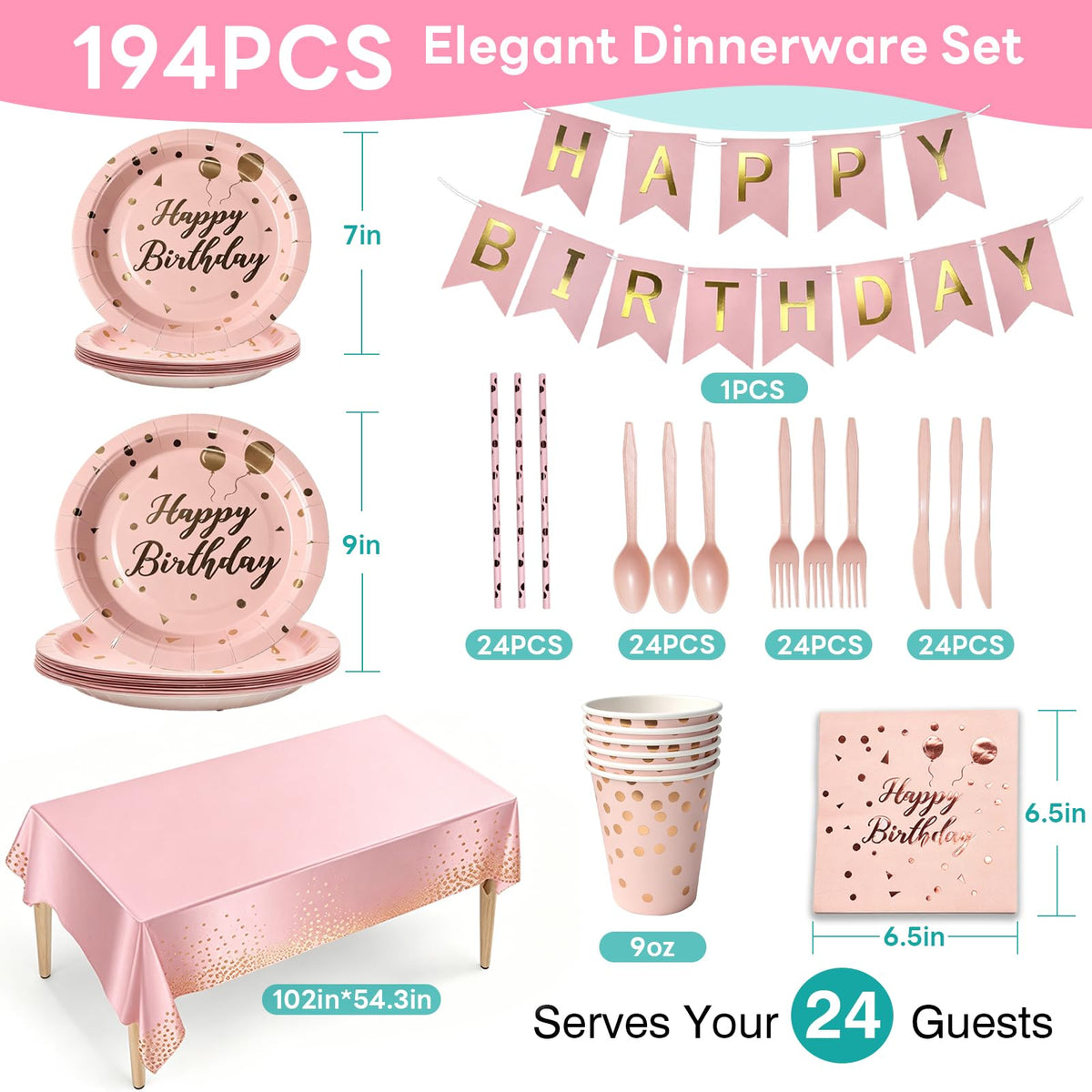 Birthday Decorations Supplies 194 Pcs Pink Rose Gold - Ricalin Official Imagery - 4