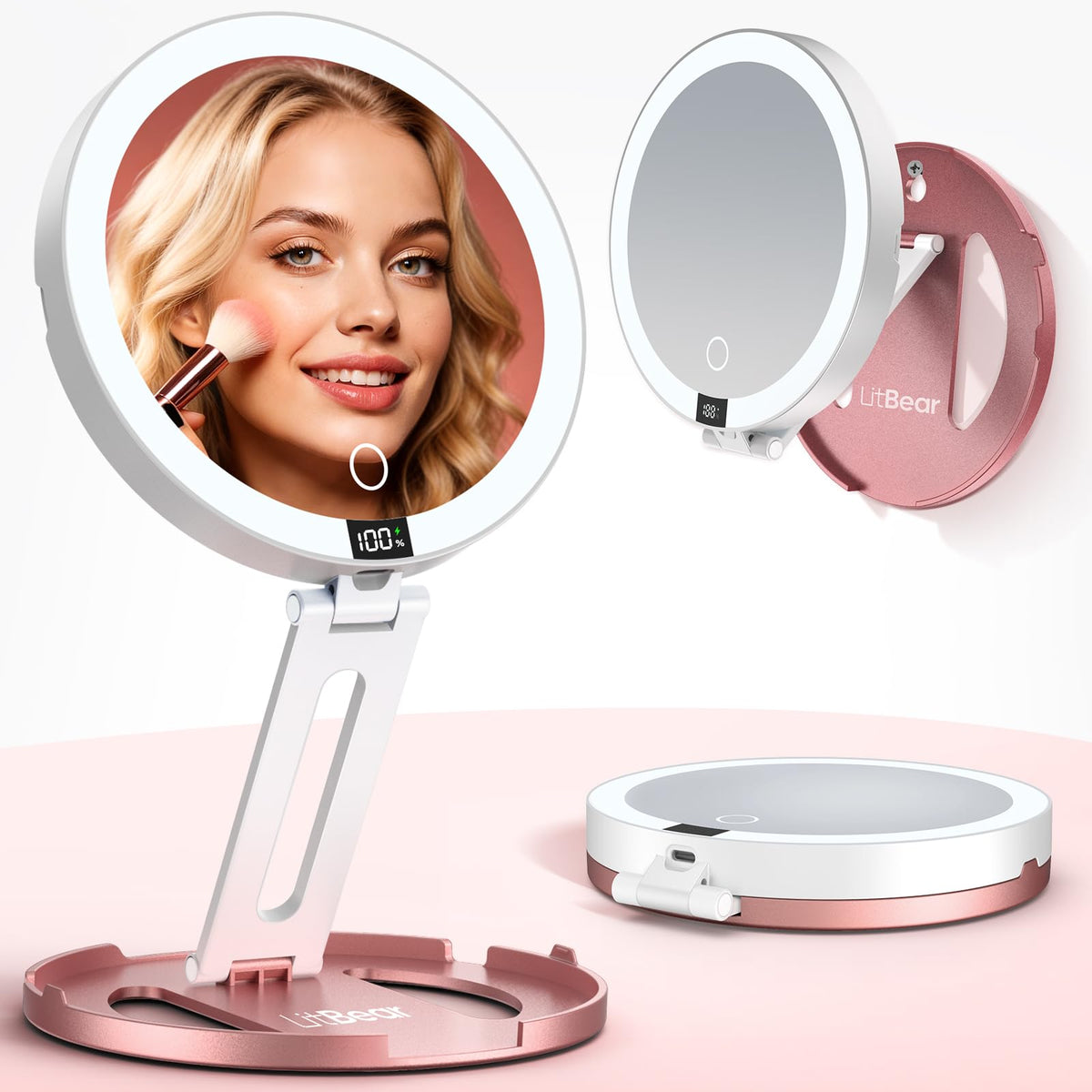 LitBear Travel Makeup Mirror with Lights 10X 1X Foldable - LitBear Official Imagery - 1
