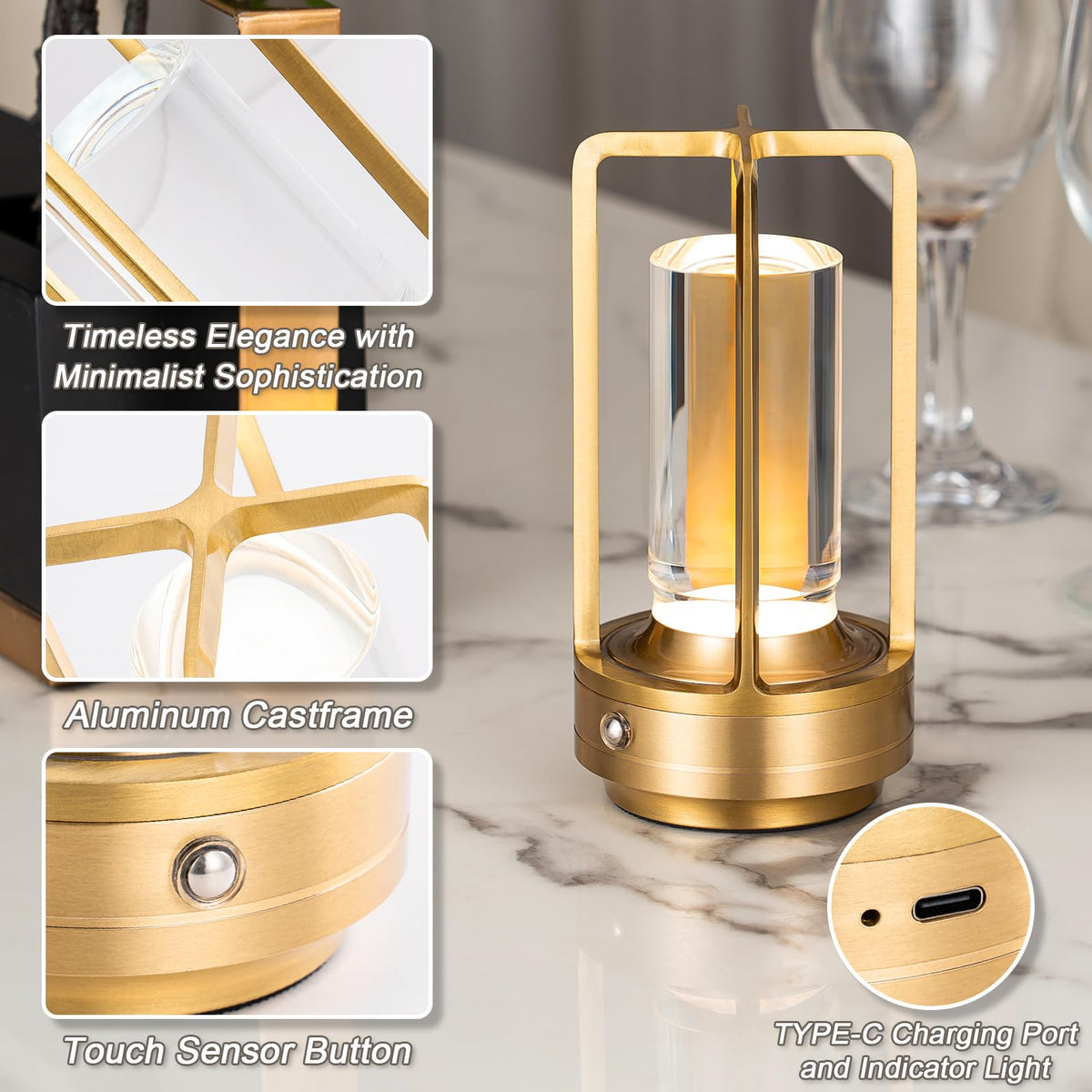 Cordless Table Lamp Rechargeable Small Crystal Lamp Gold - UMLAEN Official Imagery - 8