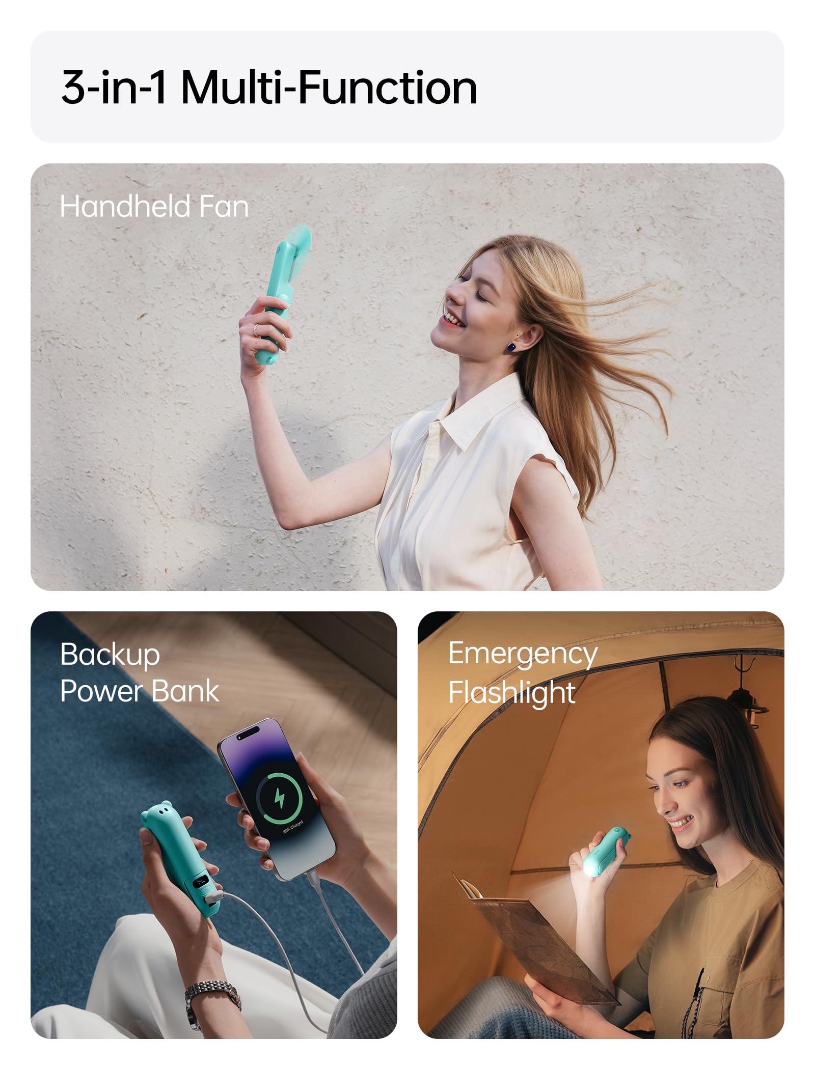 JISULIFE Portable Handheld Fan, 3 In 1-Fan, Power Bank, Flashlight, Cy - View 2