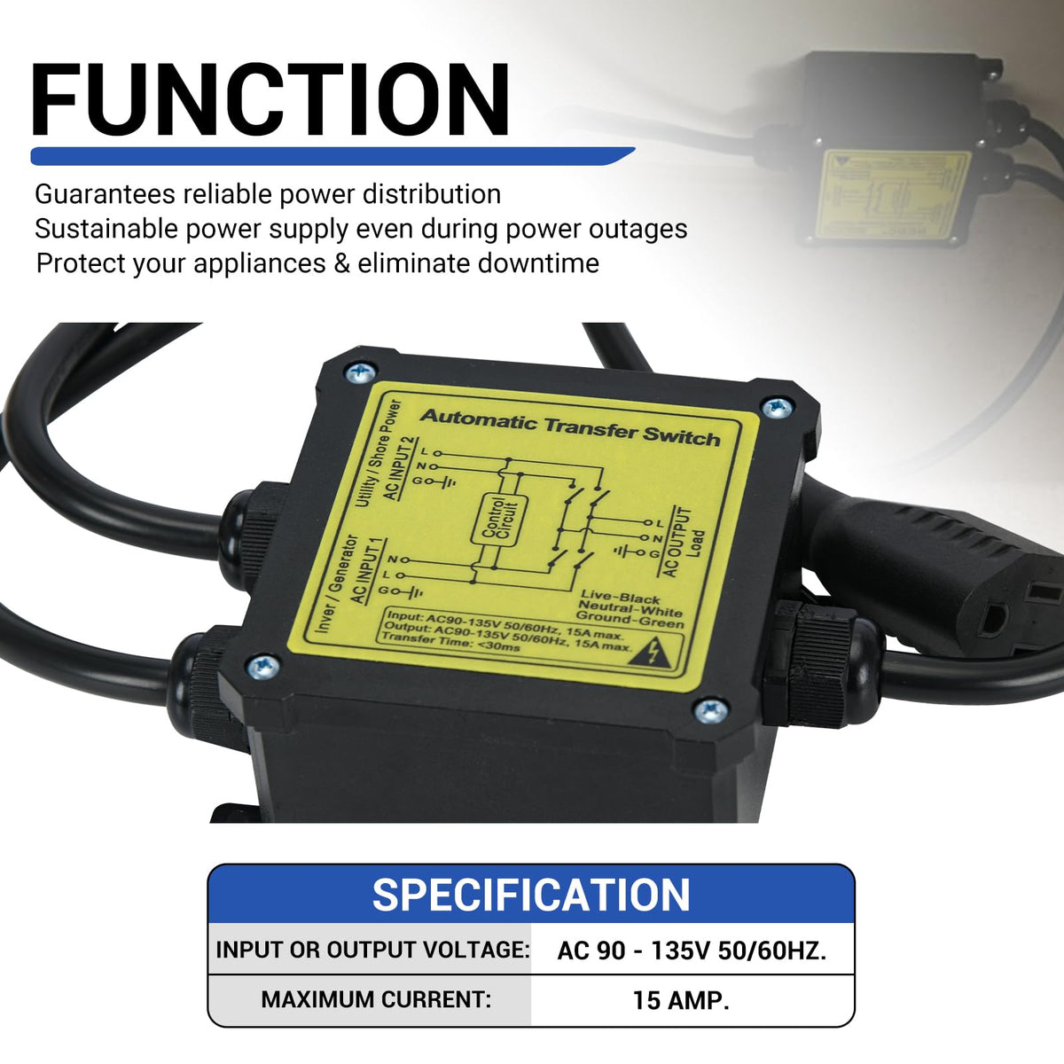 AC120V 15Amp Automatic Transfer Switch Generator ATS Auto - YAURILO Official Imagery - 5