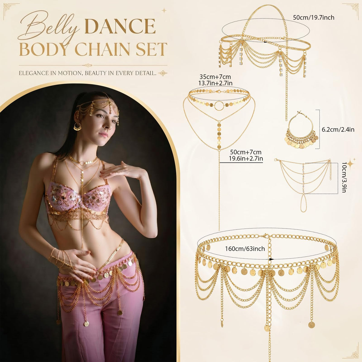 Quelay 5 Pcs Belly Dance Jewelry Set for Women Gold Head - Quelay Official Imagery - 4