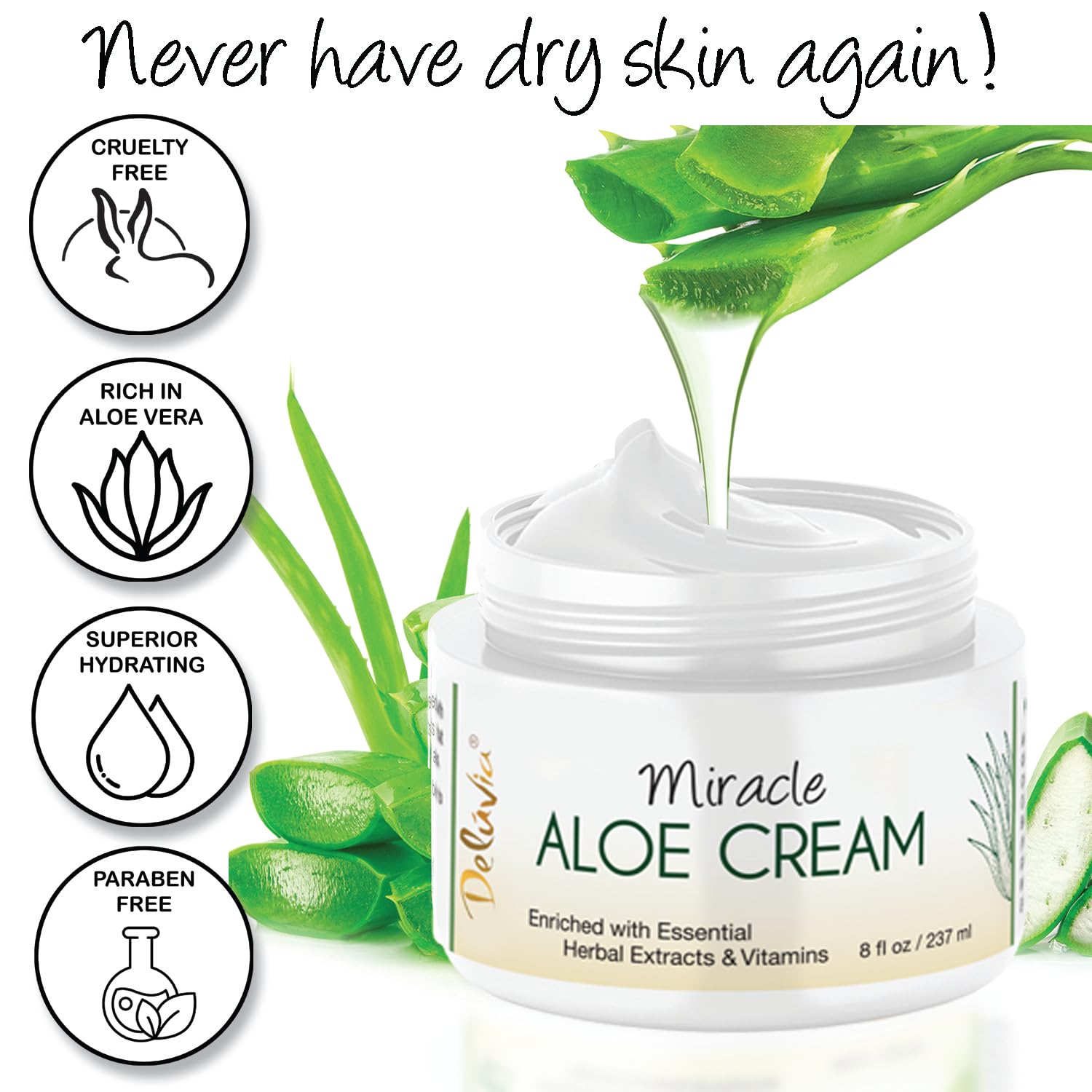 Deluvia Miracle Aloe Cream | Face & Body Moisturizer with Vitamin E & Organic Aloe Vera | Hydrating, Soothing for Dry Skin, Anti-Wrinkle, Acne Scars, Rosacea, Psoriasis, Eczema - 8 oz - DELÚVIA Official Product View 5