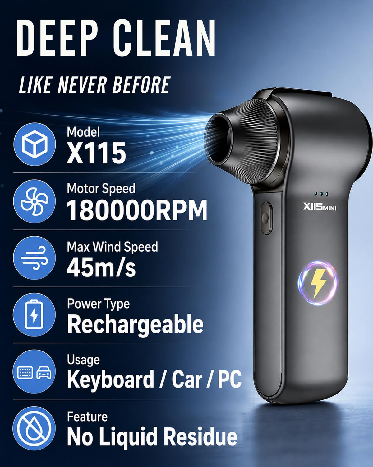 Compressed Air Duster 180000RPM Rechargeable Cordless - HTAIER Official Imagery - 8
