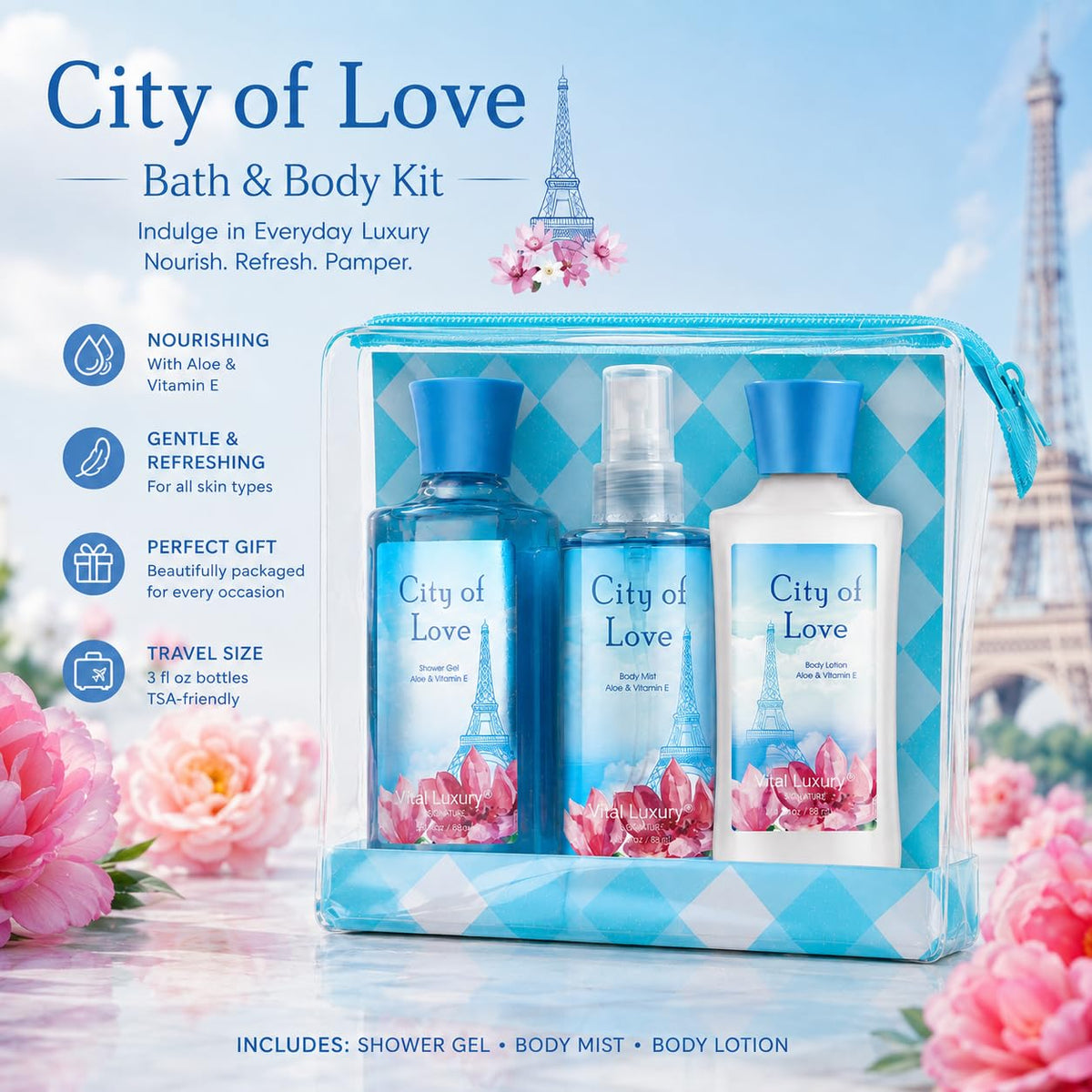 Bath Body Care Travel Set City of Love Scent 3 Piece Set - Vital Luxury Official Imagery - 3