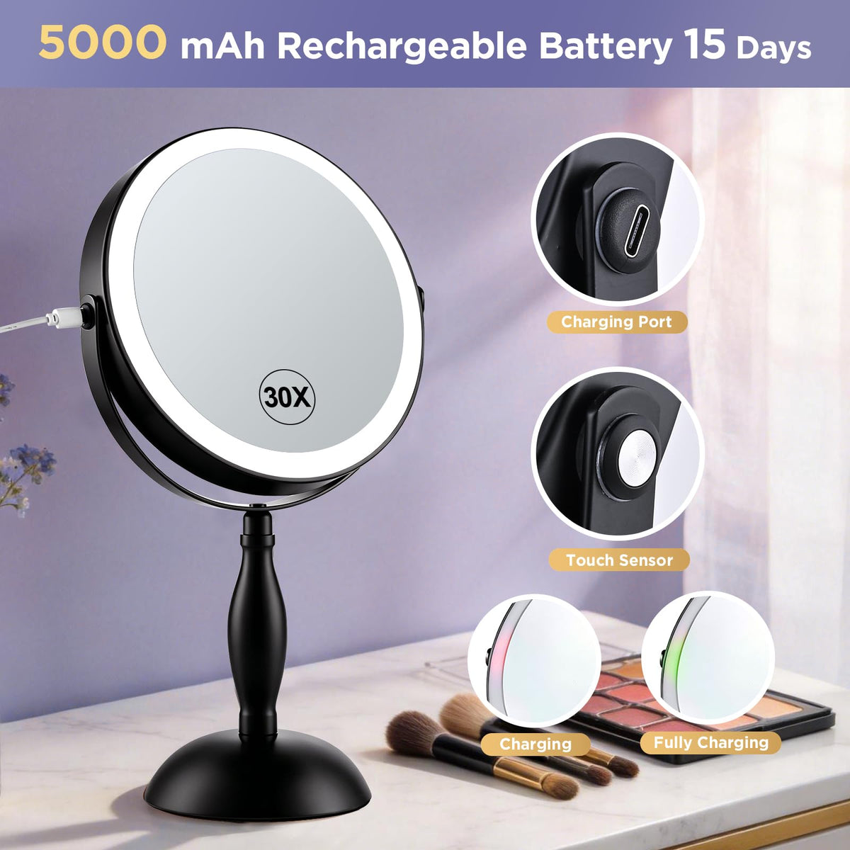 30X Magnifying Mirror with Lights Matte Black 8 Dual Sided - DASLAVA Official Imagery - 8