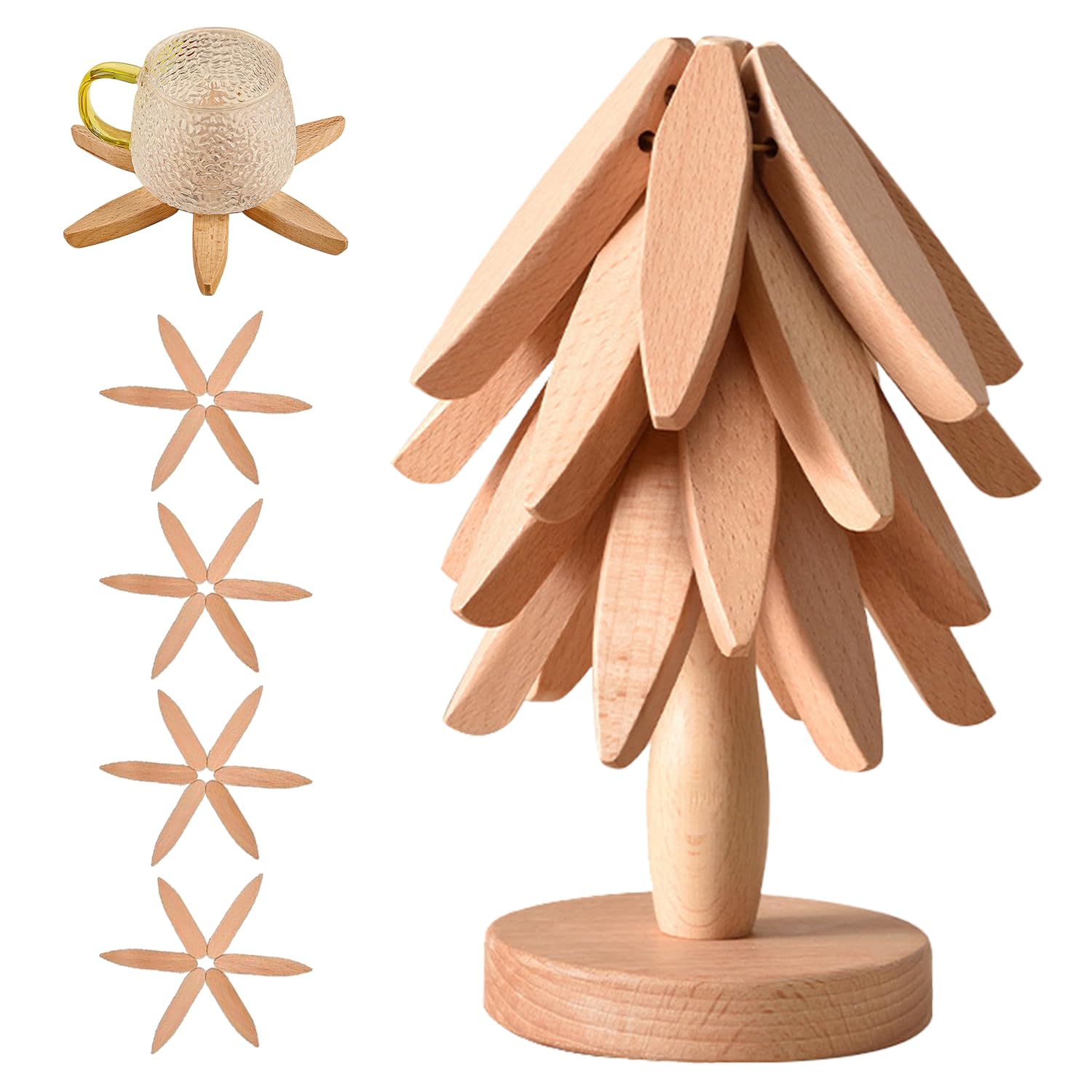 OFCTE Wooden Trivets for Hot Dishes, Tree Shape Trivet Set, 4 Walnut W - View 9