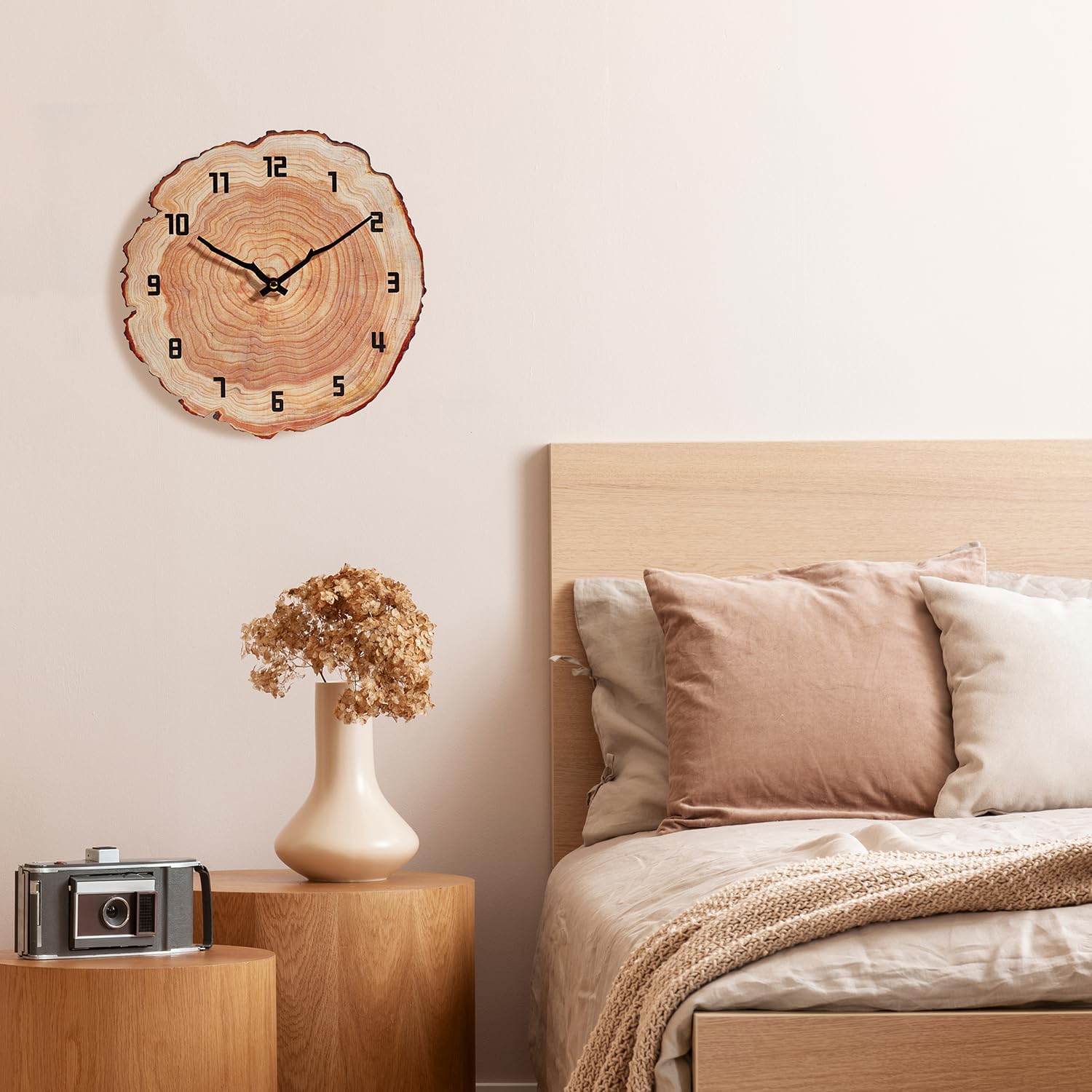 Rustic 12-inch wooden wall clock by YRUDMBIN, silent battery-operated home decor for bathroom with natural wood finish