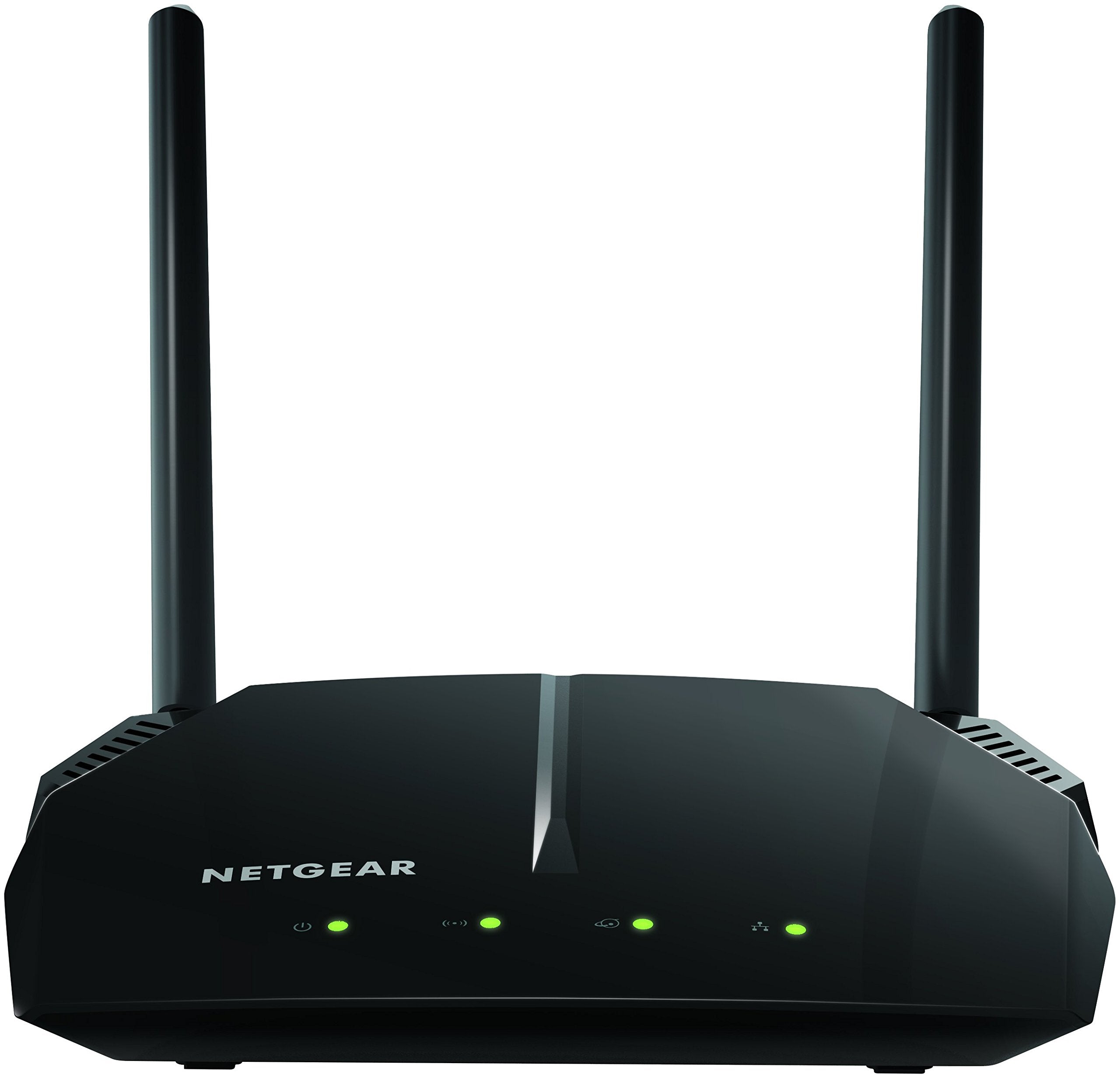 NETGEAR WiFi Router R6120 with dual band AC1200 speed, four Ethernet ports, USB port, and sleek black design.