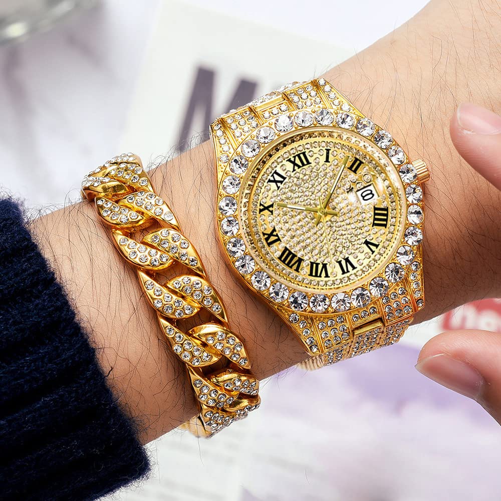 Hip Hop Cuban Link Bracelet Watches Set for Men Iced Out - HUNRUY Official Imagery - 3