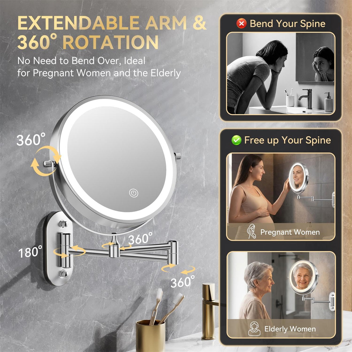 Auxmir 1X 20X Wall Mounted Makeup Mirror 8 Rechargeable - Auxmir Official Imagery - 8