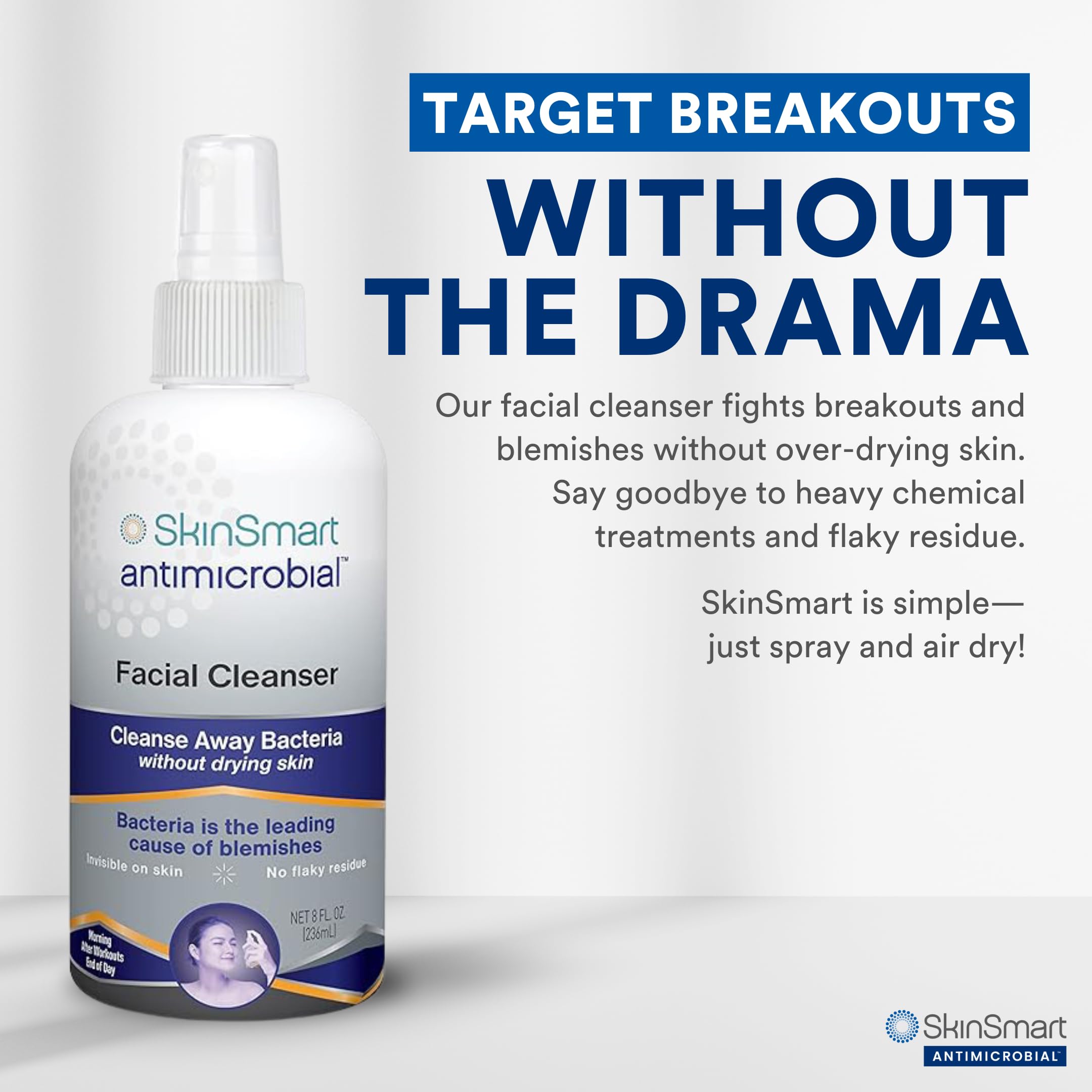 SkinSmart Antimicrobial Facial Cleanser for breakouts in an 8 oz bottle, featuring a clear liquid and pump dispenser.