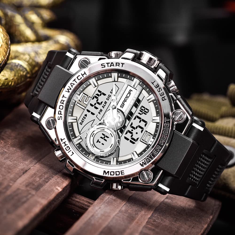 KXAITO Men's Military Sports Watch – LED, Dual Time, Silver
