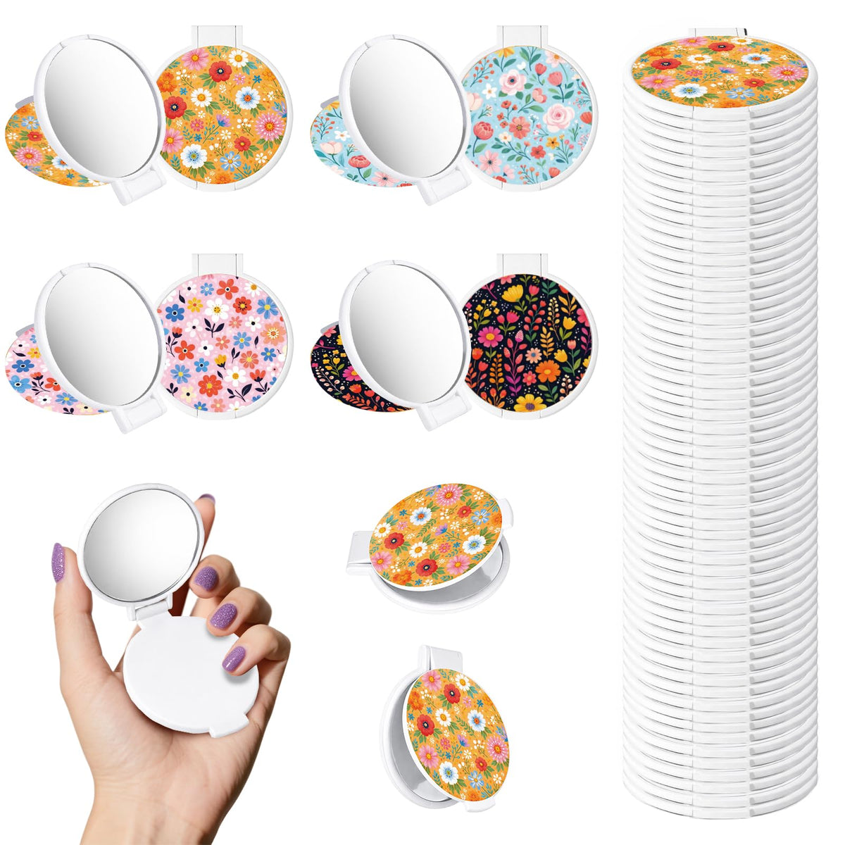 100Pcs Round Folding Hand Compact Mini Pocket Mirrors Bulk - GLASSWINDS Official Imagery - 1