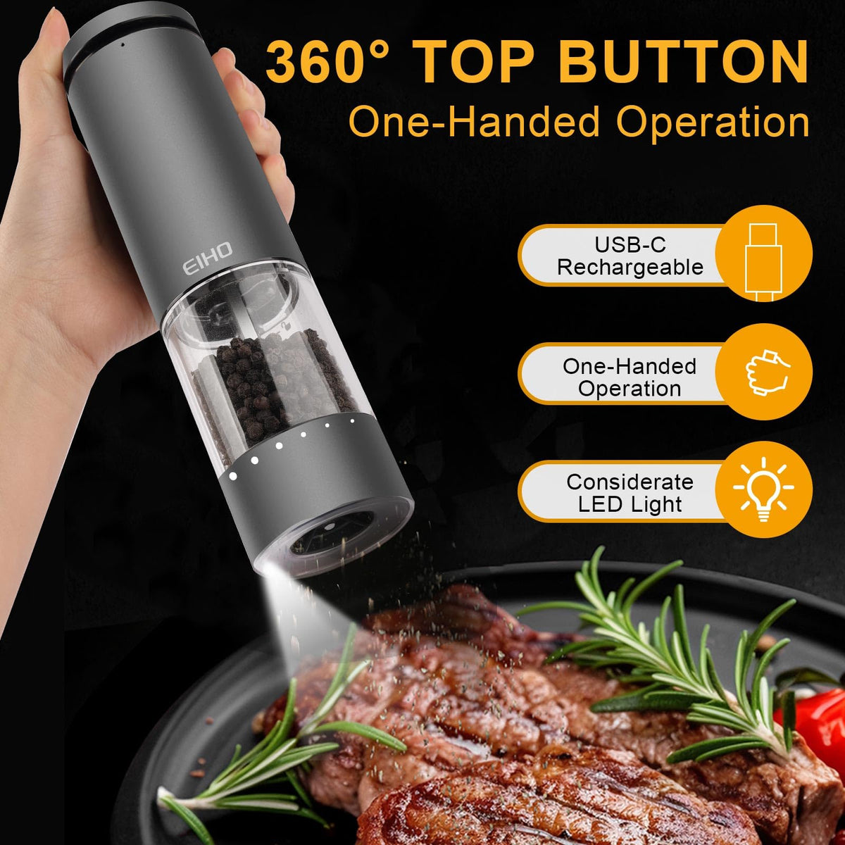 EIHO Electric Salt and Pepper Grinder Set USB Rechargeable - EIHO Official Imagery - 4