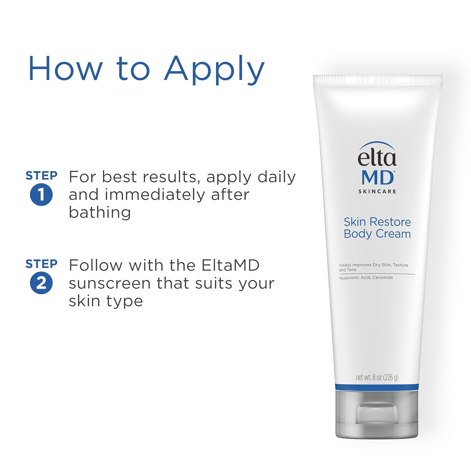 Elefair EltaMD Skin Restore Body Cream fragrance-free lotion with hyaluronic acid, designed for soothing and hydrating skin.