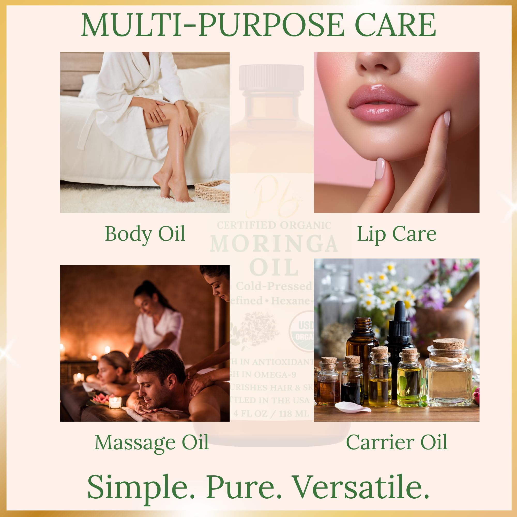 Pomberries Organic Moringa Oil 4oz in a glass bottle, ideal for face, skin, and hair moisturizing and nourishing.