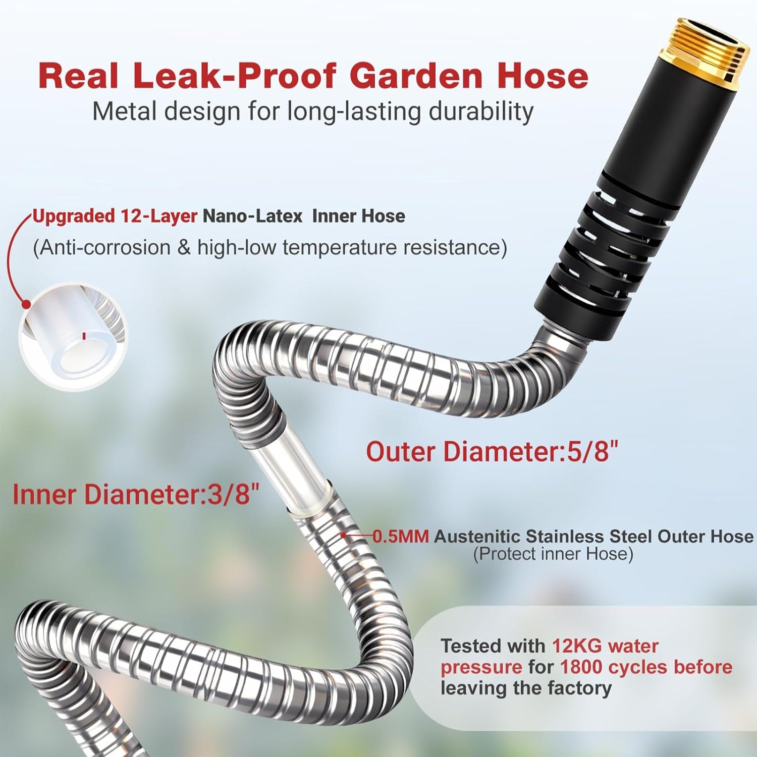 Lefree 100ft heavy-duty stainless steel garden hose with flexible design and brass fittings for outdoor watering.