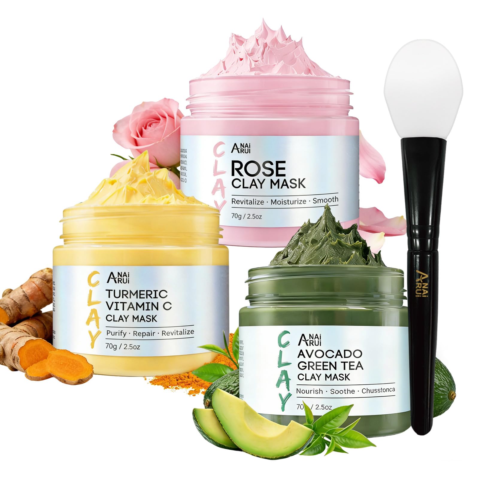ANAI RUI 3 Pack Clay Mask Set, Rose,Turmeric, Avocado 2.5 oz Each - Product Imagery