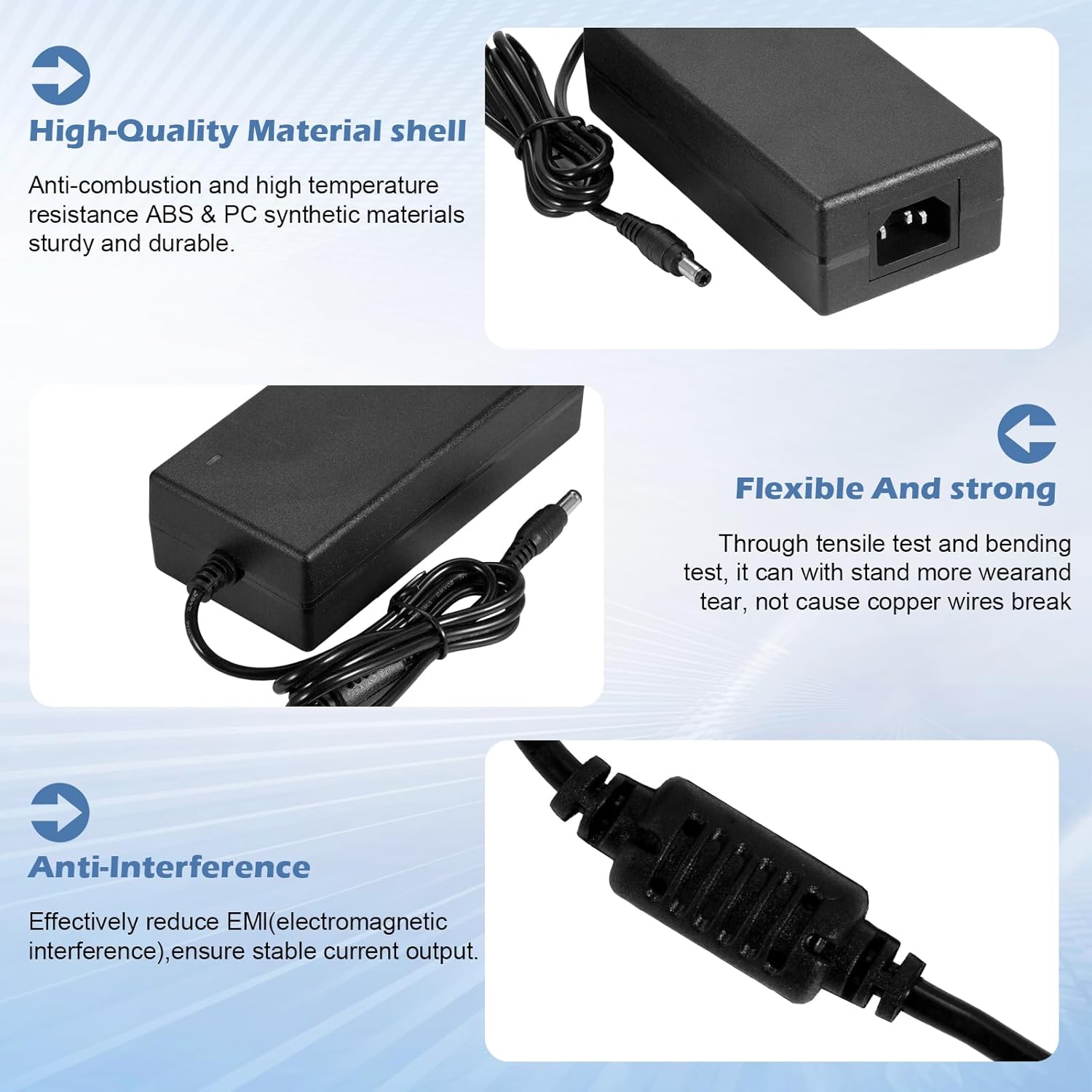 HOAYVKJ 12V 5A security camera power supply adapter with 8-way splitter cable and 100-240V AC/DC converter.