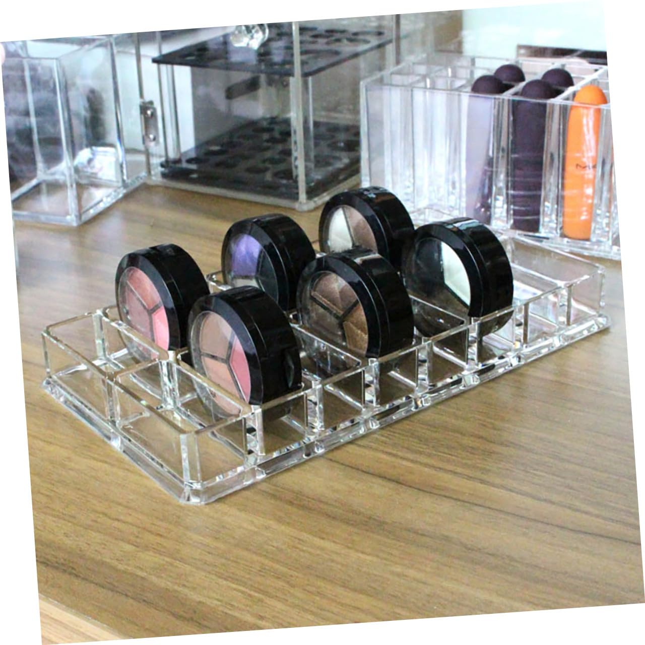 TEHAUX Acrylic Makeup Display Case 16-grid Double-row Compact Powder Organizer Cosmetic Storage Box for Beauty Care and Vanity Table