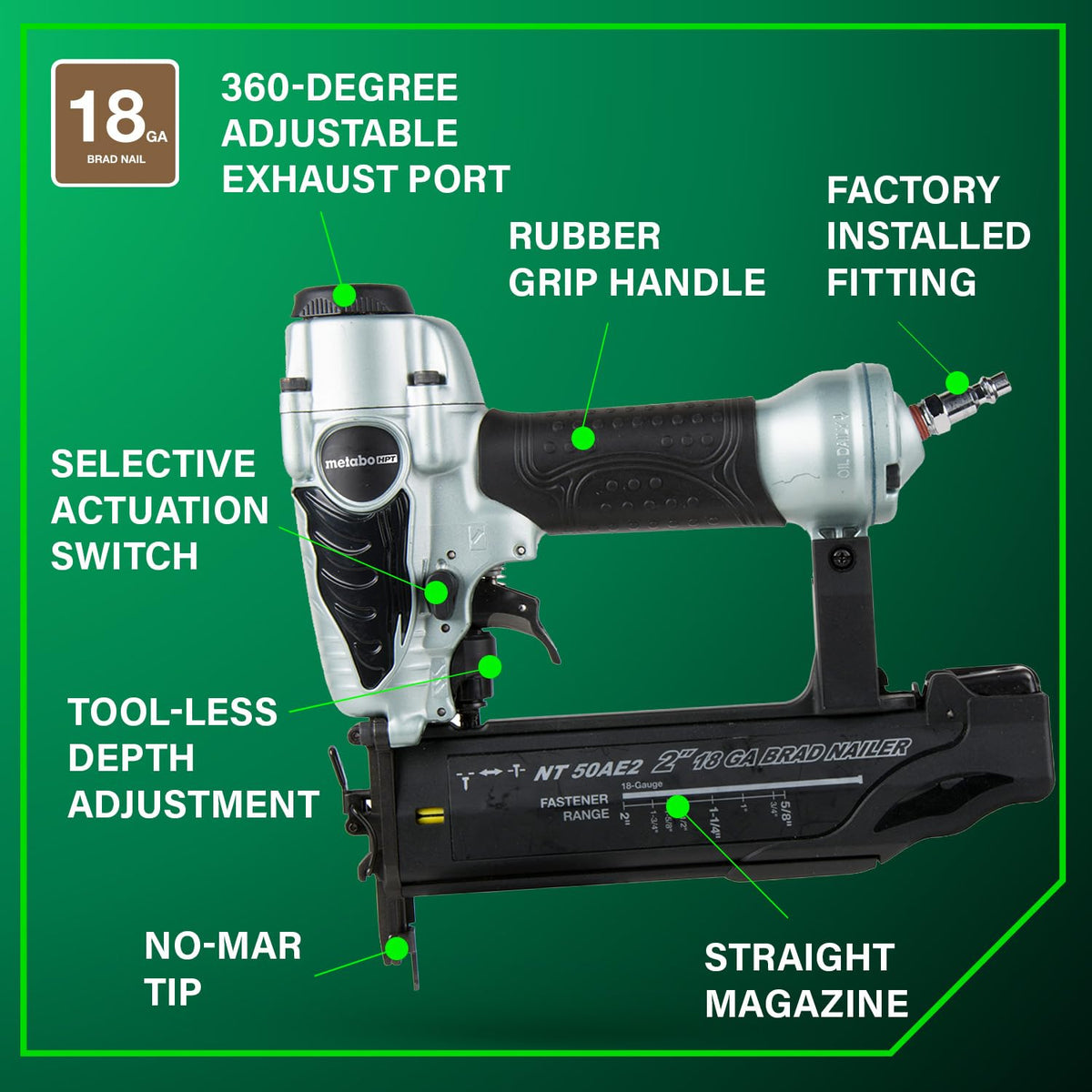 Metabo HPT Brad Nailer Pneumatic 18 Gauge Adjustable Depth - Premium Selection Official Imagery - 4