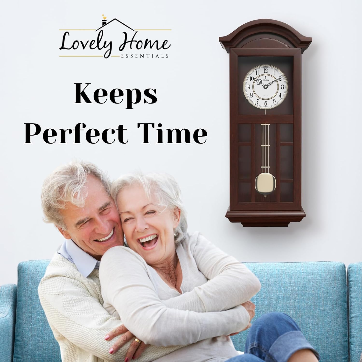 Lovely Home Essentials 27-inch wooden pendulum wall clock with hanging design and classic grandfather style.