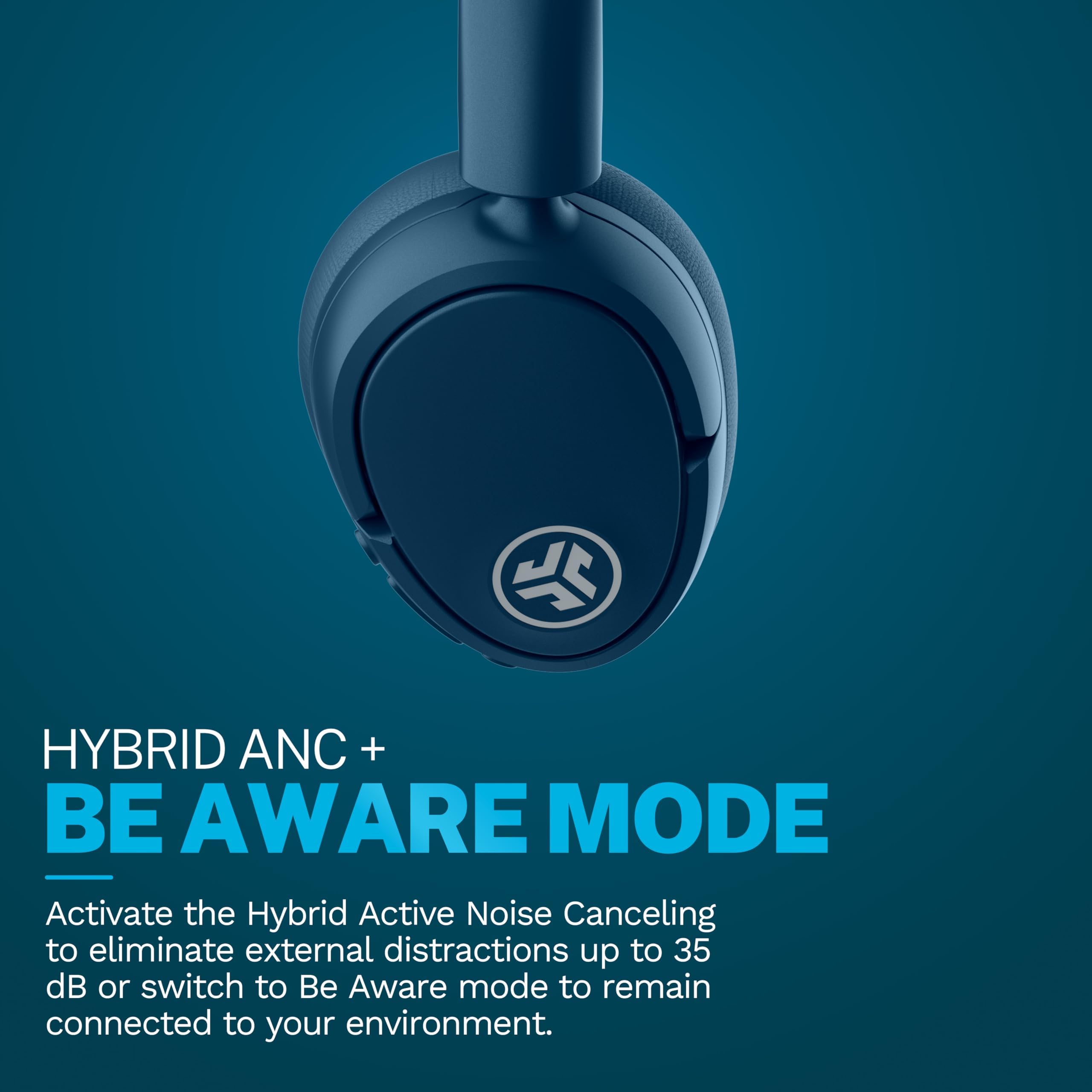 JLab JBuds Lux ANC over-ear headphones in navy with active noise cancelling and Bluetooth connectivity.