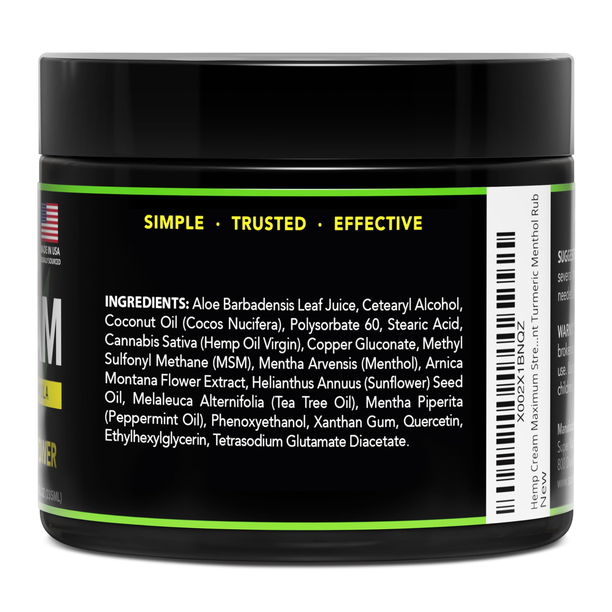 Hemp Cream Maximum Strength Arnica MSM Menthol Aloe for Localized Use 8 oz