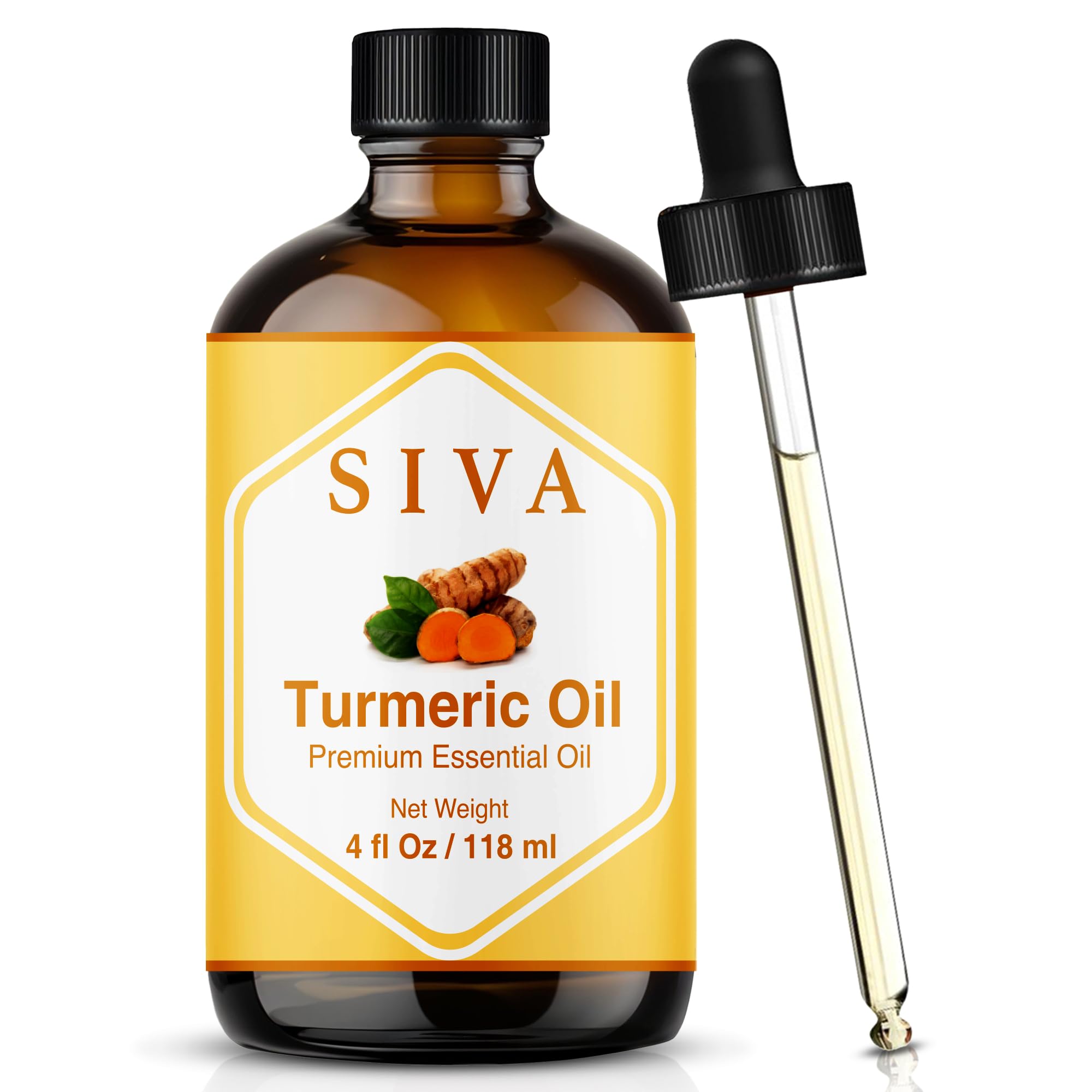 SIVA Organics turmeric essential oil in a 4oz glass bottle with dropper, showing the amber bottle and dropper cap.
