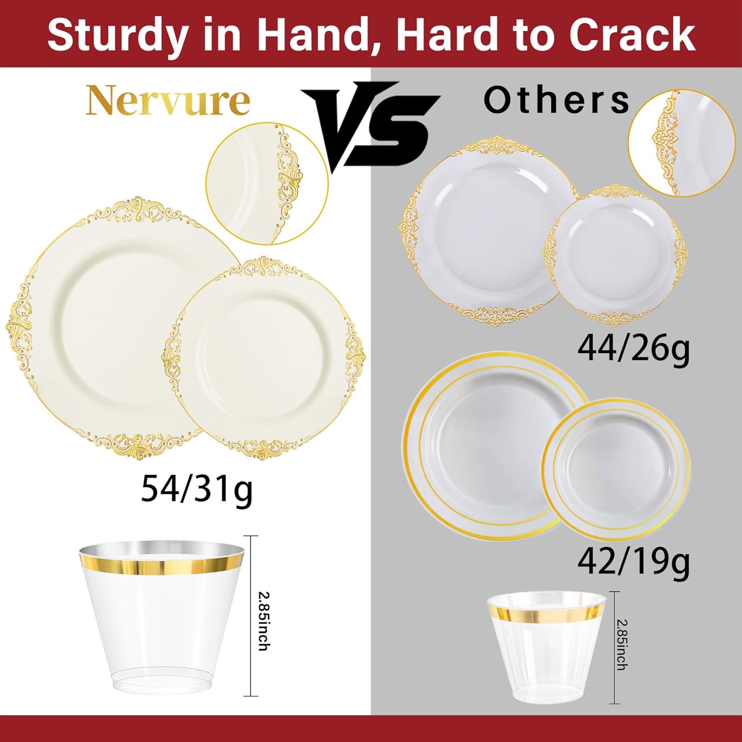 Nervure 350-piece ivory plastic dinnerware set with gold accents, includes plates for 50 guests, elegant disposable party plates