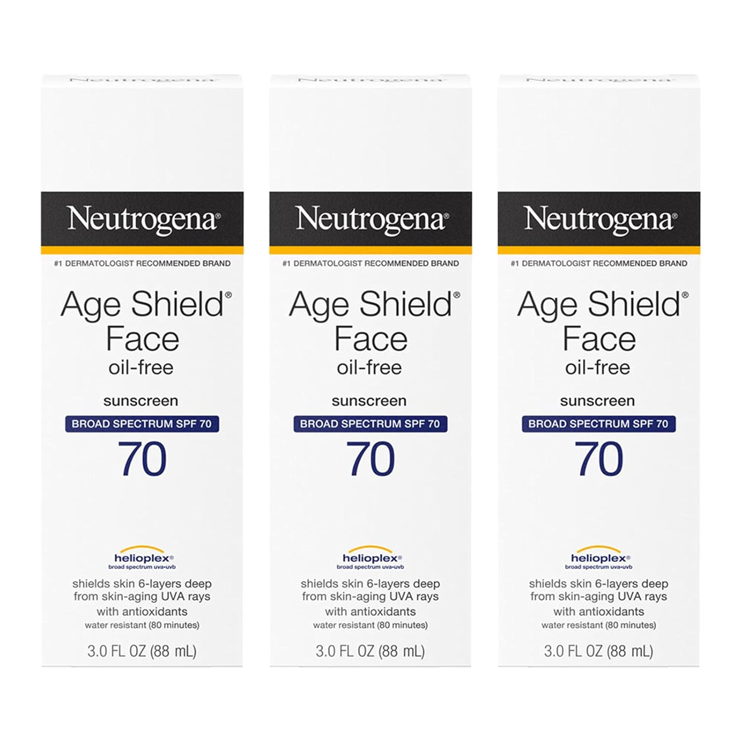 Neutrogena Age Shield Face Oil-Free Sunscreen Lotion pack of 3 bottles showing the sunscreen bottles and labels.